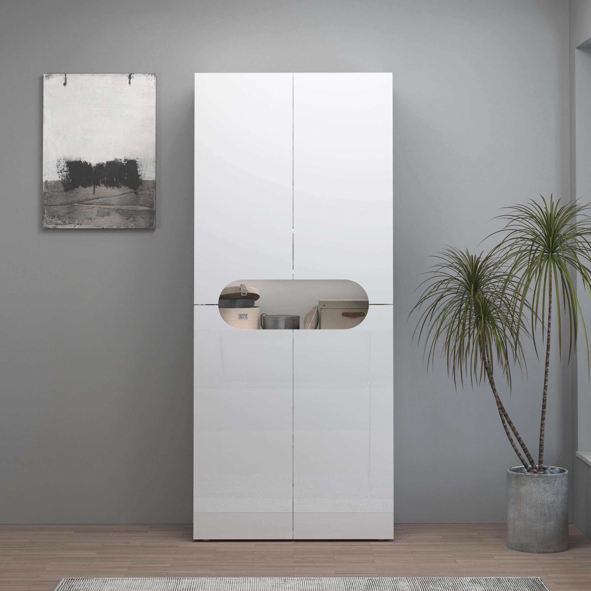 INOSIGN Schuhschrank »Real,Schuhschrank,Schuhkommode,Schuhregal,Breite 80 cm,Höhe 190 cm«, komplett Hochglanz lackiert, 4 Türen mit offenem Fach in ovaler Form