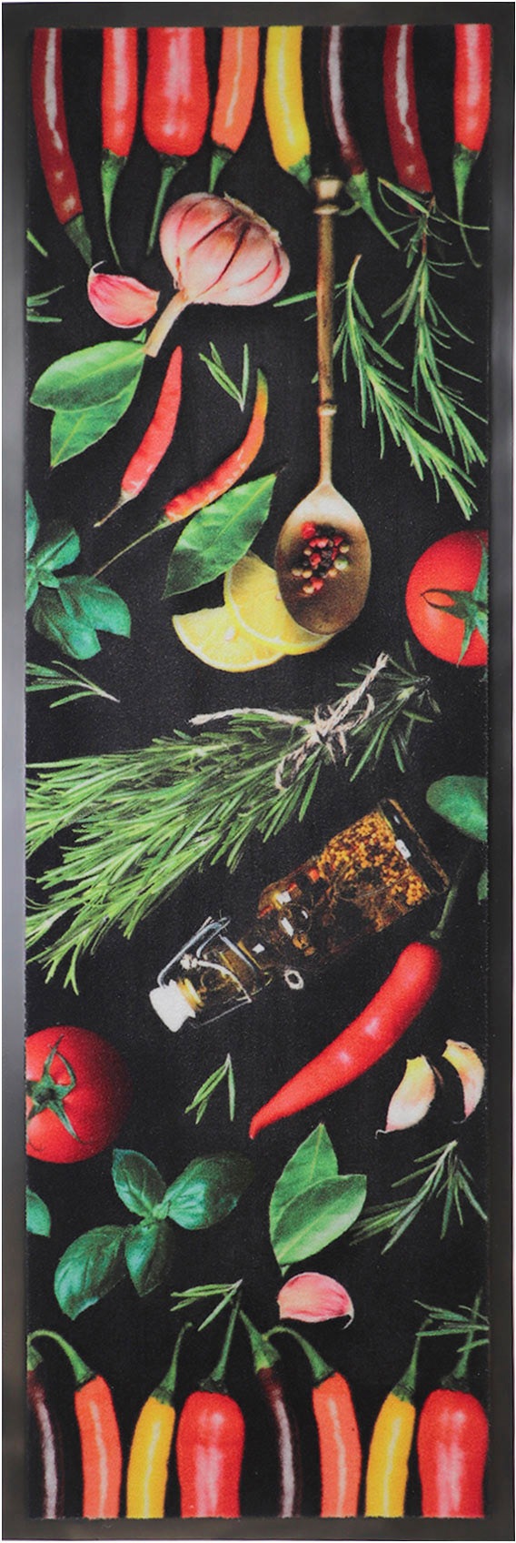 Primaflor-Ideen in Textil Küchenläufer »CHILI HERBS, Made in Belgium«, rechteckig, 6,5 mm Höhe, Chili-Kräuter Motiv, Grösse 50x150 cm, rutschhemmend, Küche