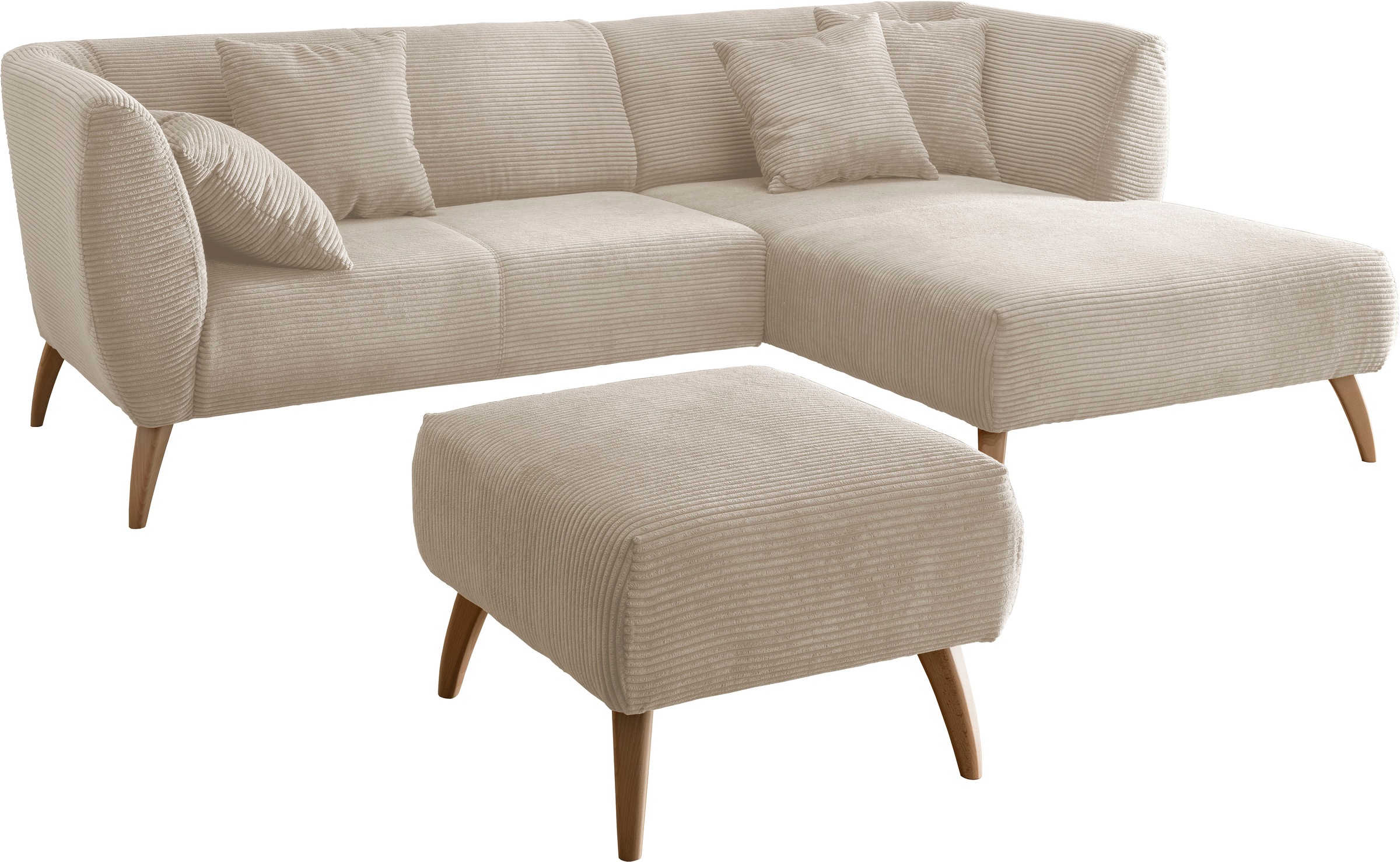 INOSIGN Ecksofa »Colori Polstermöbel mit zeitlos eleganter Rückenführung. L-Form«, Holzfussfarbe wählbar, inkl. 4x Zierkissen