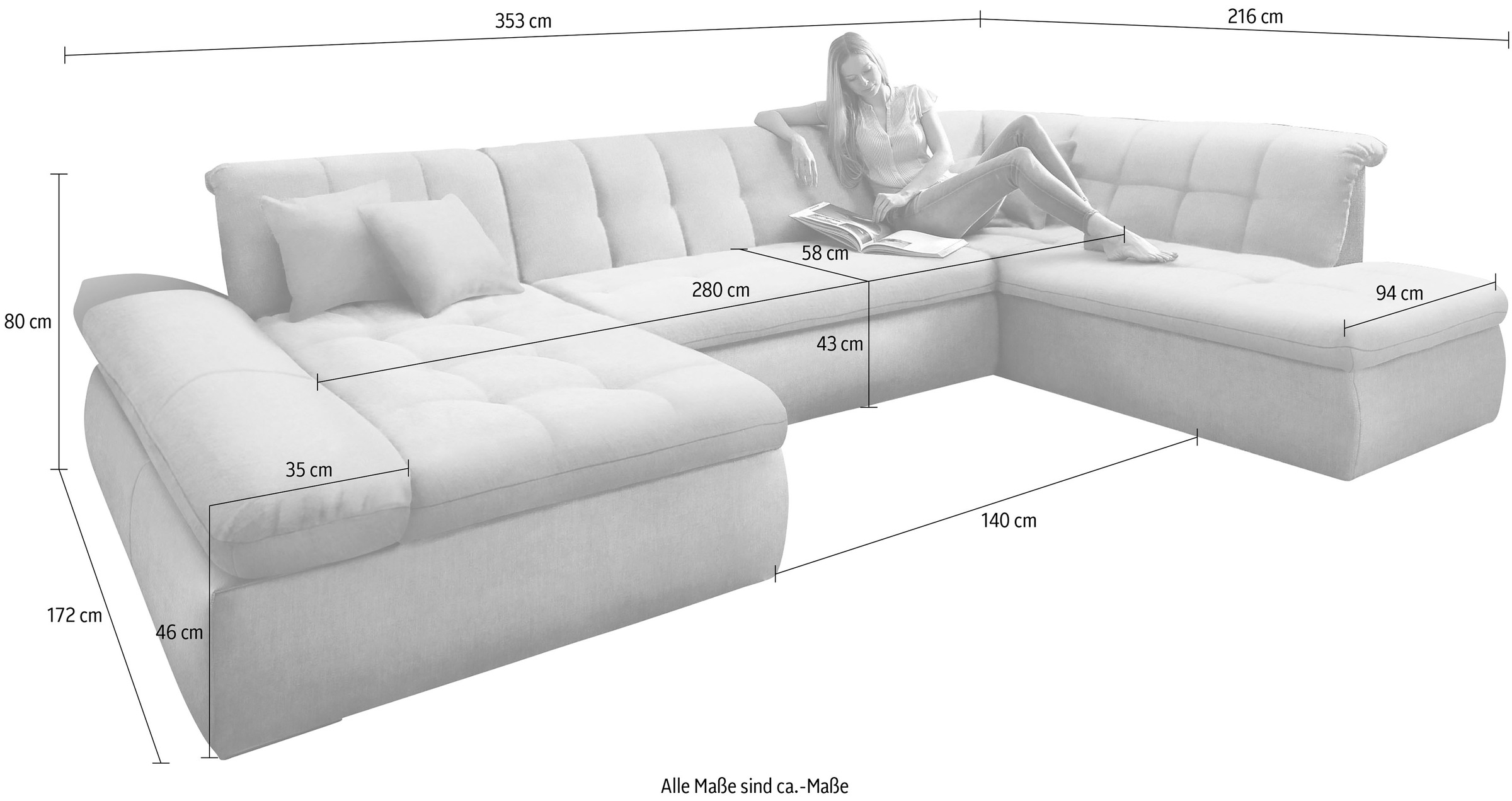 DOMO collection Wohnlandschaft »NMoric im XXL-Format, B/T/H: 353/216/80 cm, incl. Zierkissen U-Form«, wahlweise mit Bettfunktion und Armlehnenverstellung