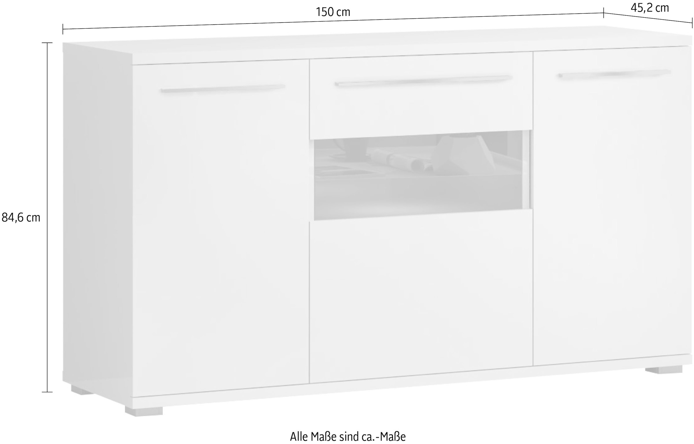 Places of Style Kommode »Piano«, (H/B/T): 84,6/150/45,2cm), Hochglanz UV lackiert, Soft-Close Funktion