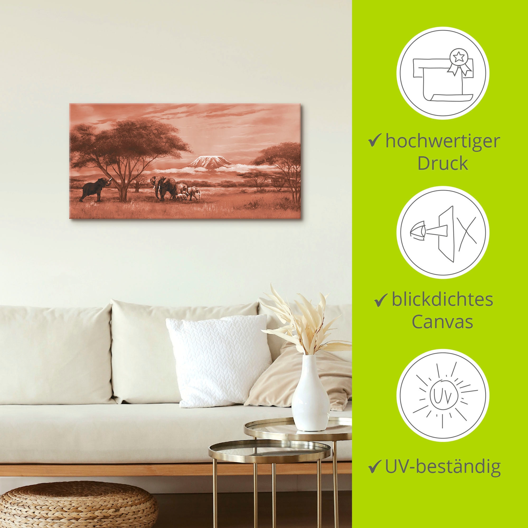 Artland Wandbild »Elefanten am Kilimandscharo«, Bilder von Afrika, (1 St.), als Leinwandbild, Wandaufkleber oder Poster in versch. Grössen