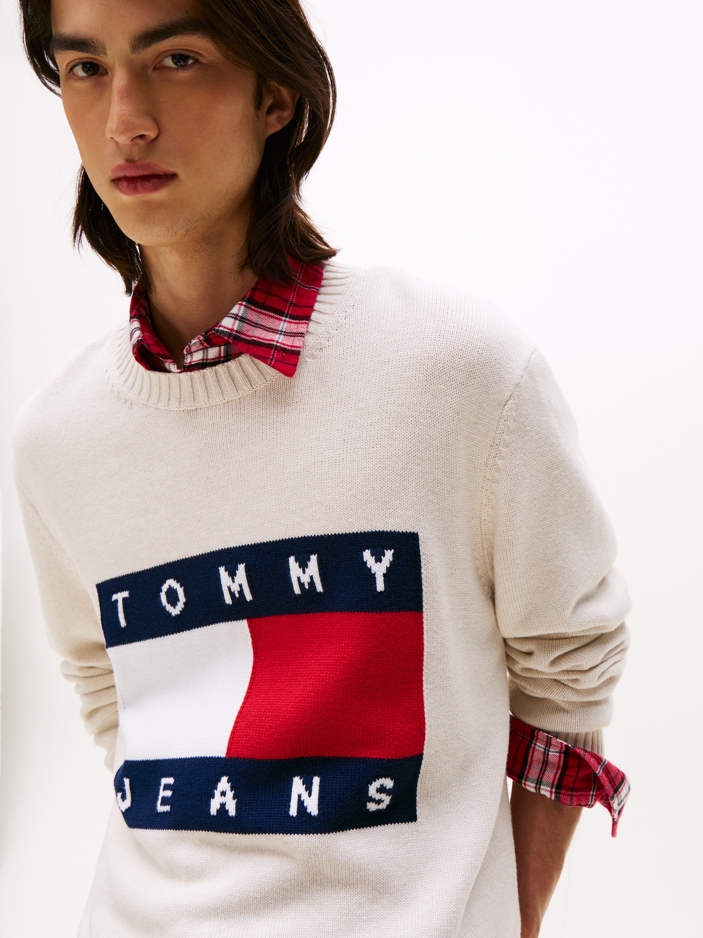 Tommy Jeans Strickpullover »TJM MELANGE FLAG SWEATER«, Regular Fit, Rundhals Retro Flag Classic