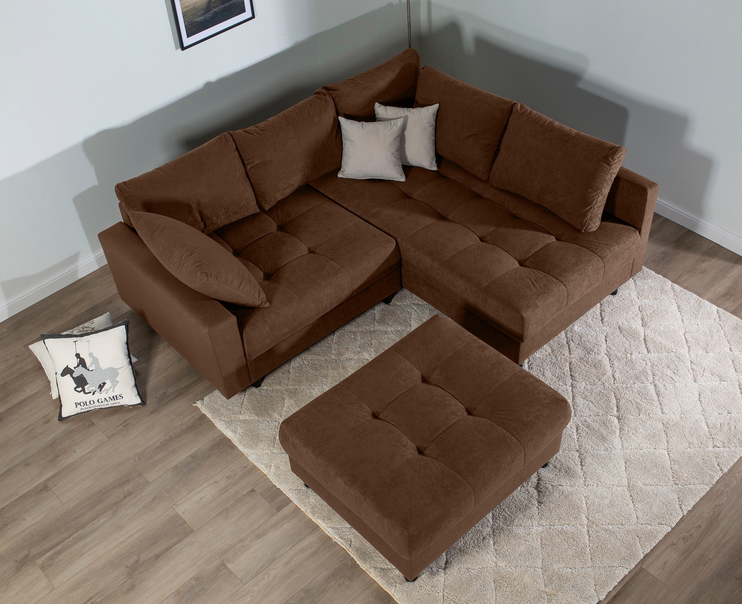 Home affaire Ecksofa »Toni L-Form, B: 215 cm«, mit Hocker & 2 Zierkissen, Federkern