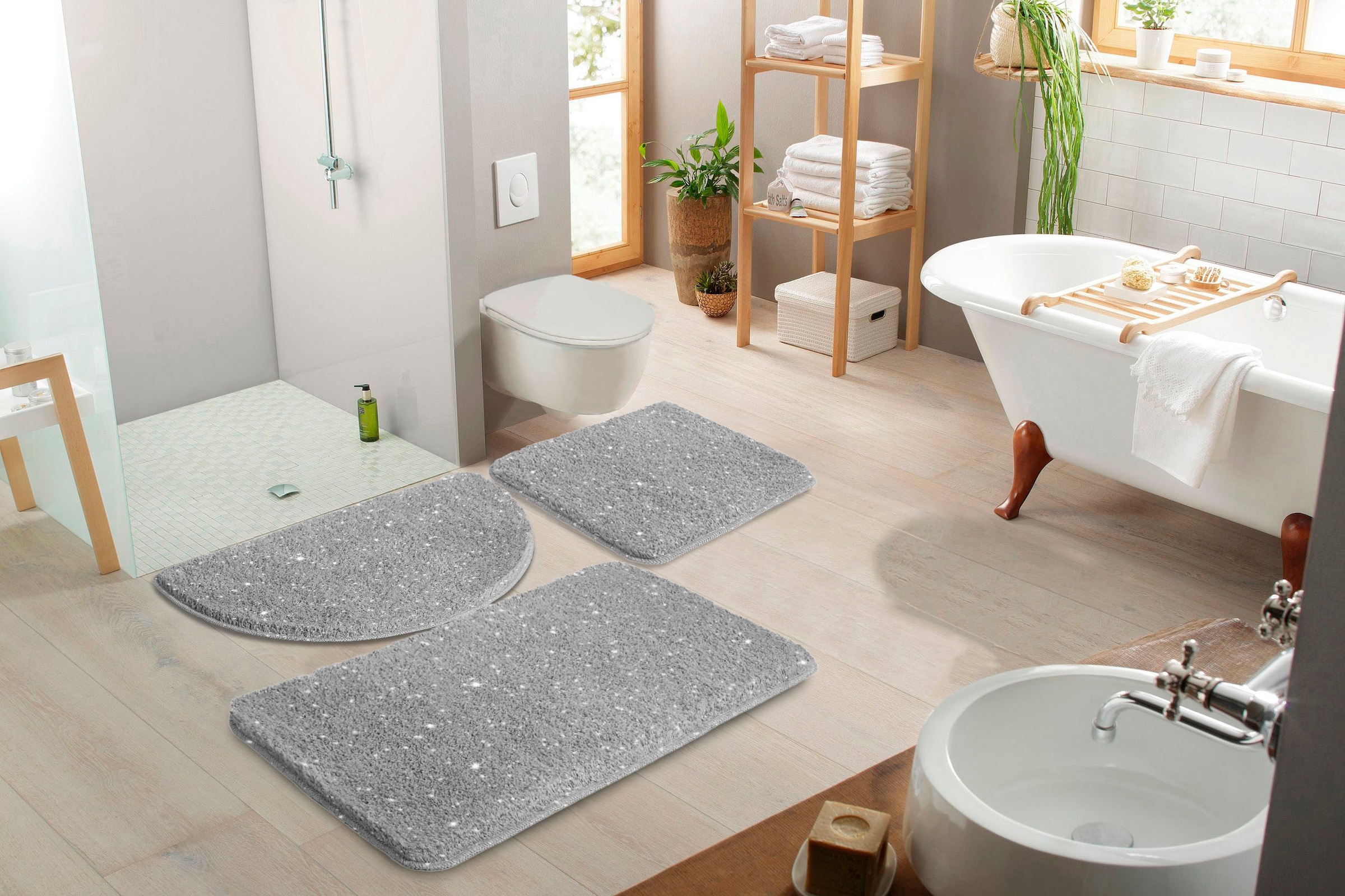 my home Badematte »Glitzer, Badvorleger, Badezimmer Teppich«, rutschhemmend beschichtet, fussbodenheizungsgeeignet-schnell trocknend-strapazierfähig, Badteppich, Akzente durch Glitzer-Garn