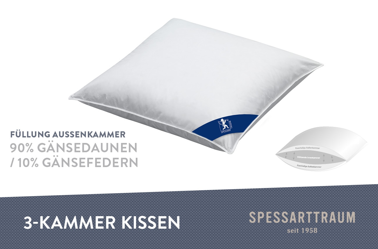 SPESSARTTRAUM 3-Kammer-Kopfkissen »Premium******«, Füllung: 90% Gänsedaunen / 10% Gänsefedern, Klasse 1, Downpass zertifiziert (Aussenkammern), Bezug: 100% Baumwolle, nachhaltig (Made in Green), Hausstauballergiker geeignet, (1 St.), gute Stützkraft