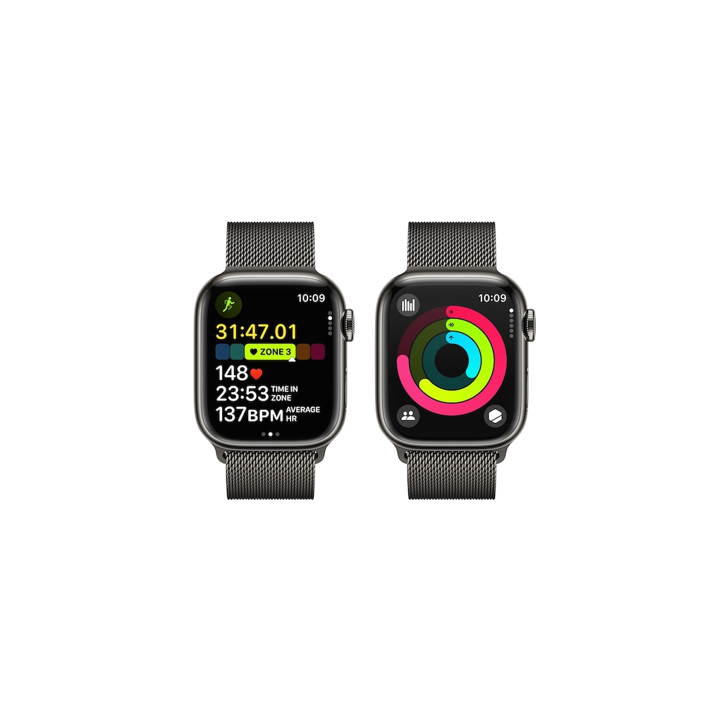 Apple Smartwatch »Series 9, GPS + Cellular, Edelstahl-Gehäuse mit Milanaise Armband«, (Watch OS 10)
