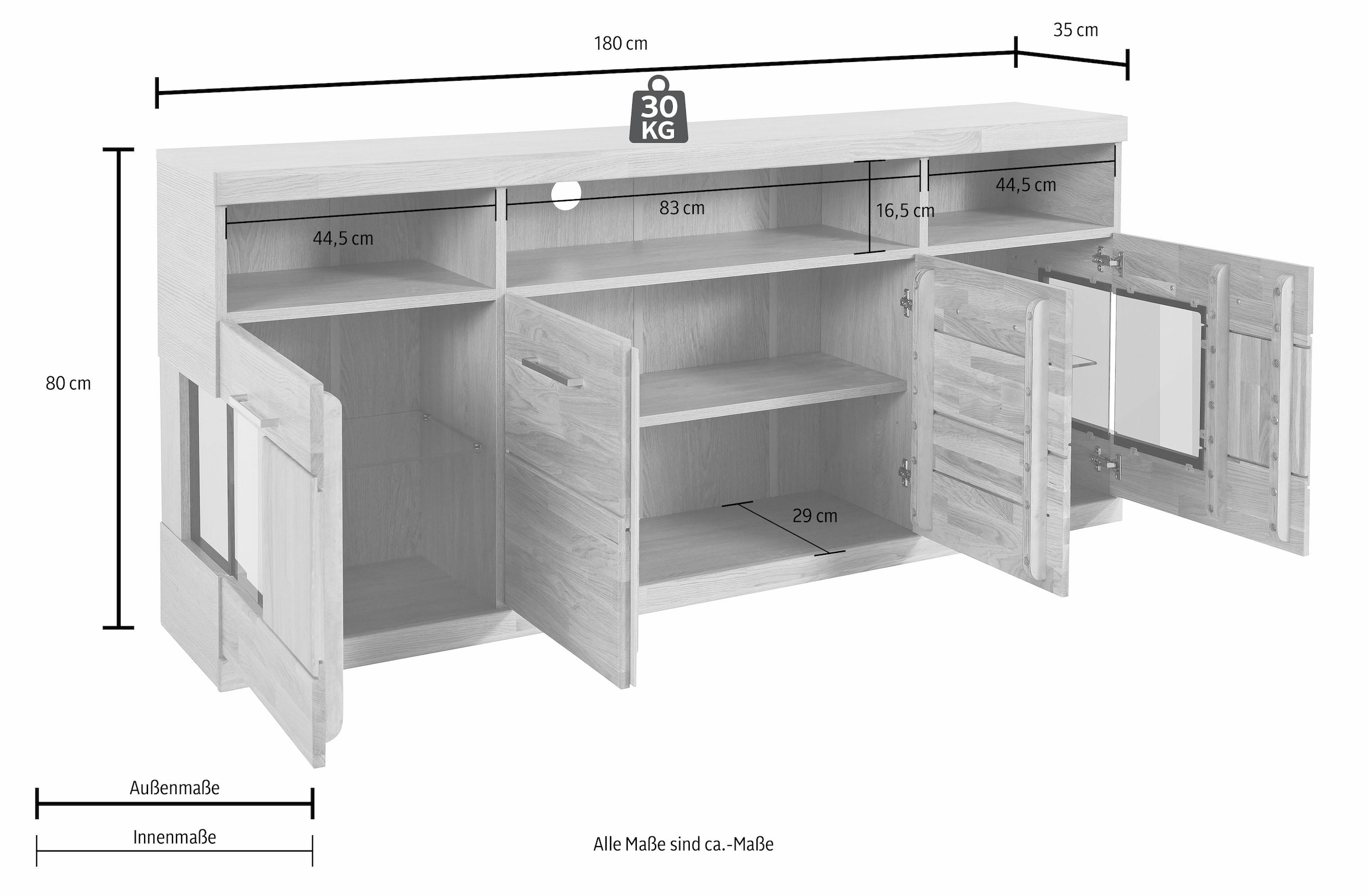 Home affaire Sideboard »Ribe,180cm breit,Fronten Masivholz,9 Fächer,4 Türen«, Holz massiv, Holzwerkstoff, Metall Griffe,2Türen mit Glaseinsatz