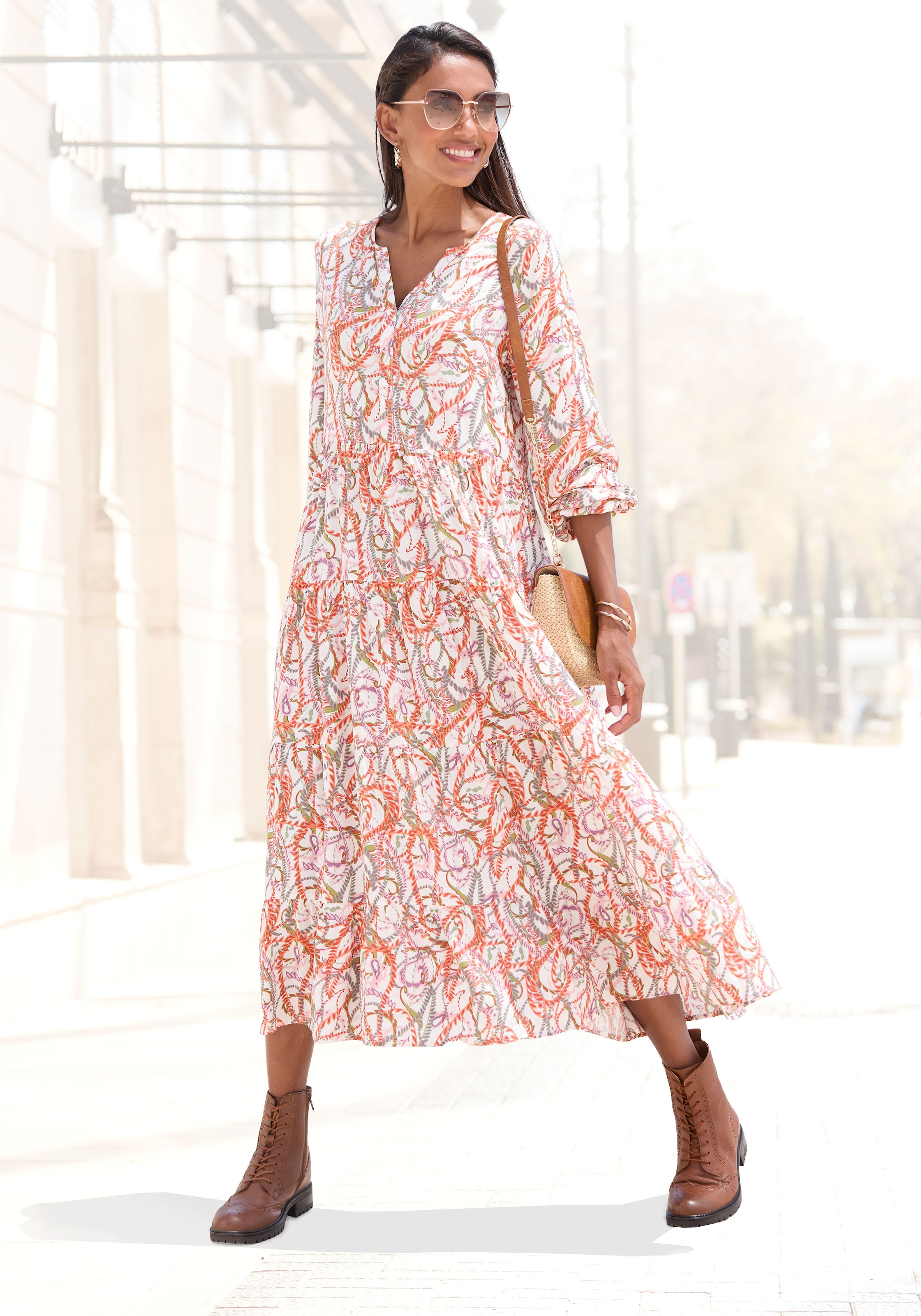 Maxikleid, mit Alloverprint und Volants, langärmlig, Druckkleid, casual-chic