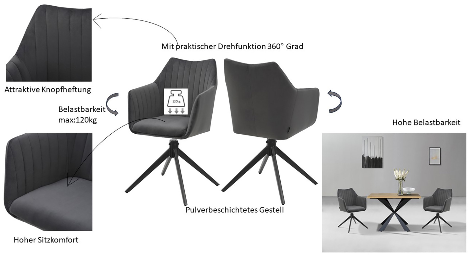 Home affaire Esszimmerstuhl »Tampa, TOPSELLER!, OTTOs Choice«, (Set), 2 St., Samtvelours, mit Drehfunktion 360 Grad