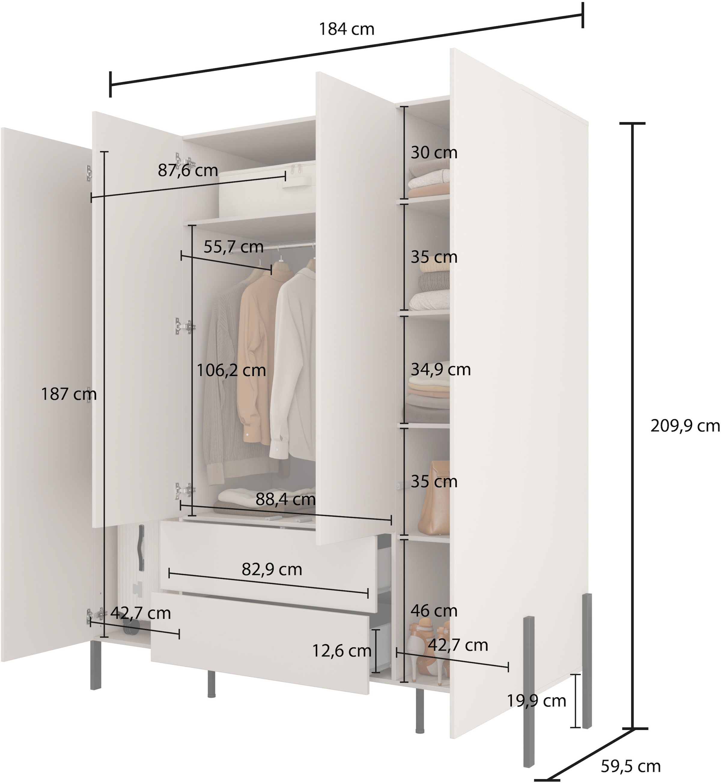 Home affaire Drehtürenschrank »Jukon, moderner Kleiderschrank mit Metallfüssen«, (B/H/T 3-Türer: ca. 135/210/60 4-Türer ca: 180/210/60), Drehtürenschrank 4 Türen/2 Schubkästen, push to open Funktion