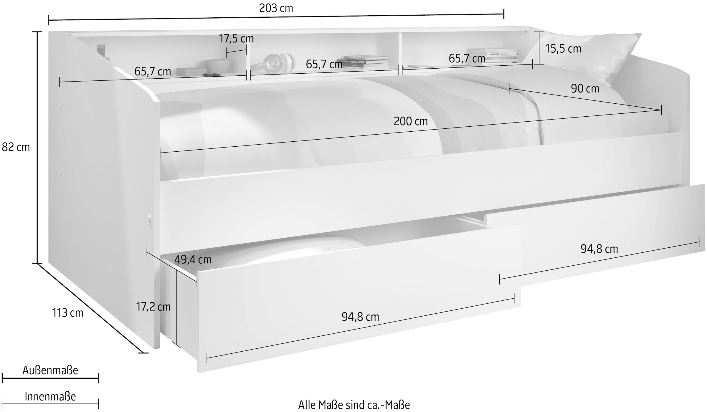 Parisot Stauraumbett »Sleep, Daybed, Kinderbett, Rückwand der Regale drehbar (farbig + weiss)«, inklusive, Regale, Schubkästen, viel Stauraum, TOPSELLLER!