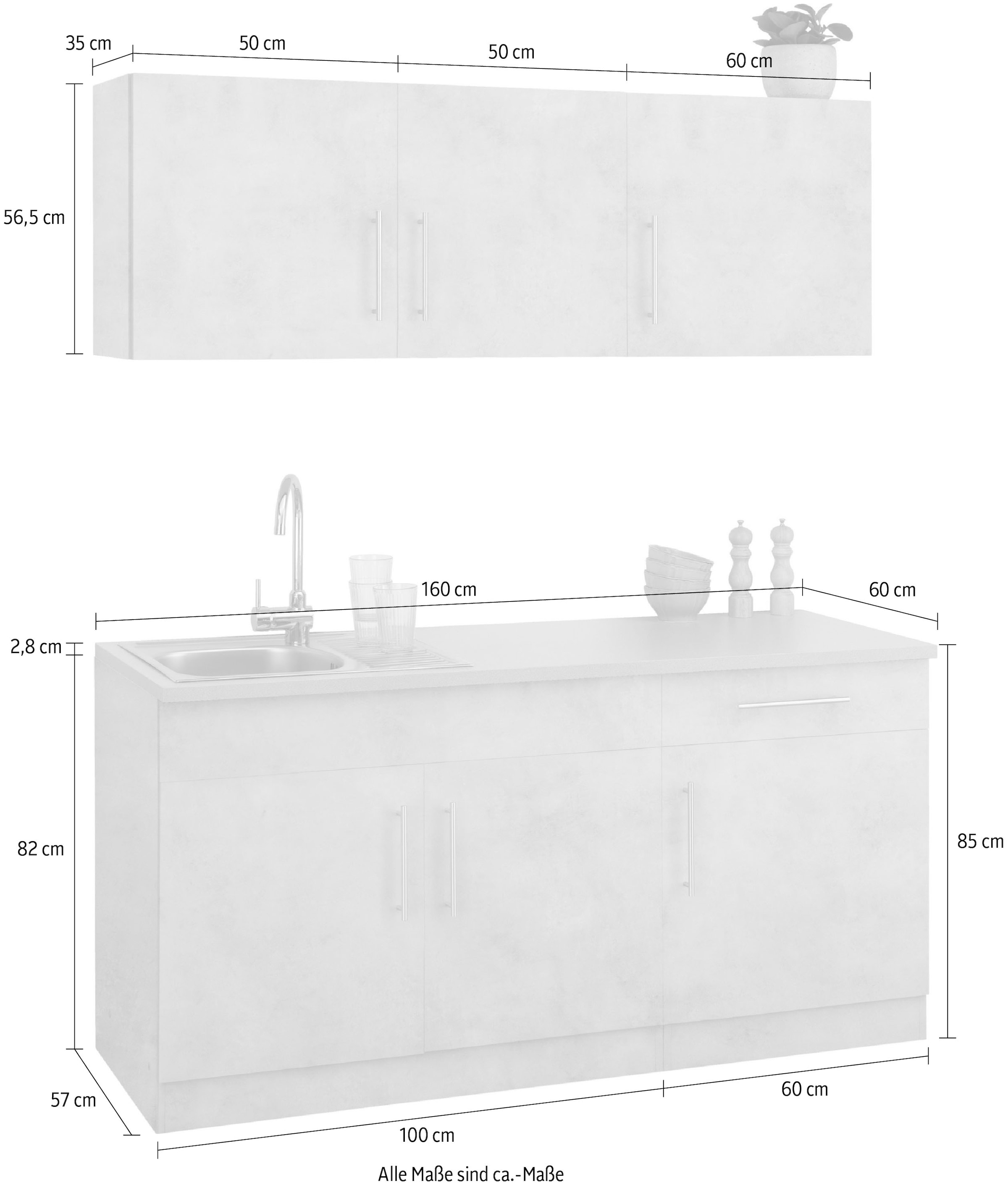 wiho Küchen Pantryküche »Cali«, ohne E-Geräte, Breite 160 cm