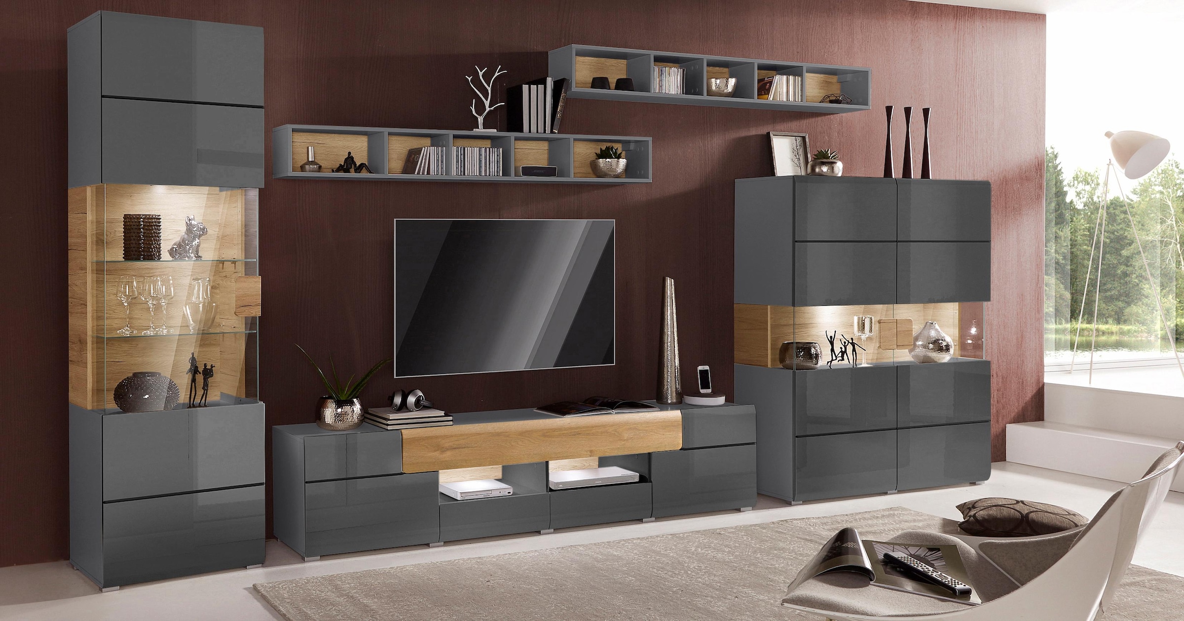 INOSIGN Highboard »Toledo,Breite 121,5 cm, trendige Hochkommode mit 2 Türen«, Hochschrank mit Glas-Partien,stylische Hochglanzfronten