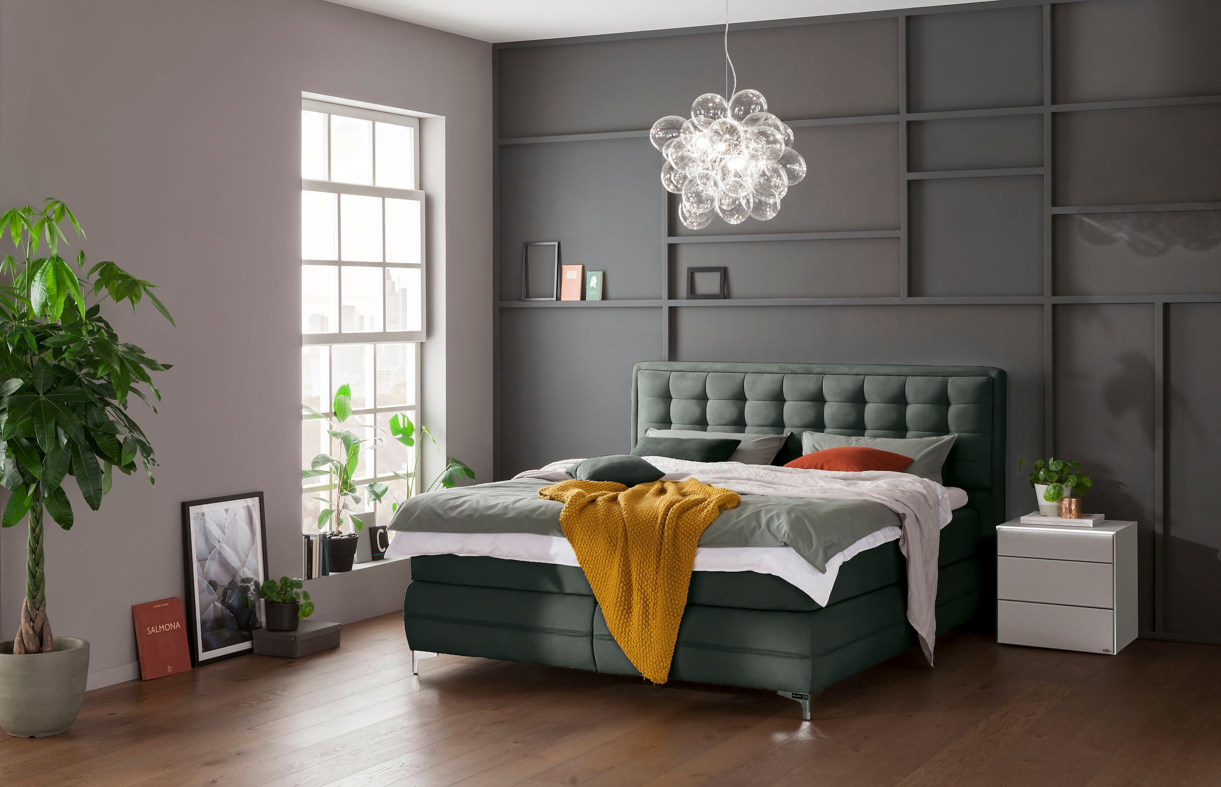 Musterring Boxspringbett »Dubai«, Winkelfuss in Chrom, 3 Härtegrade, Kopfteil in Kassettensteppung