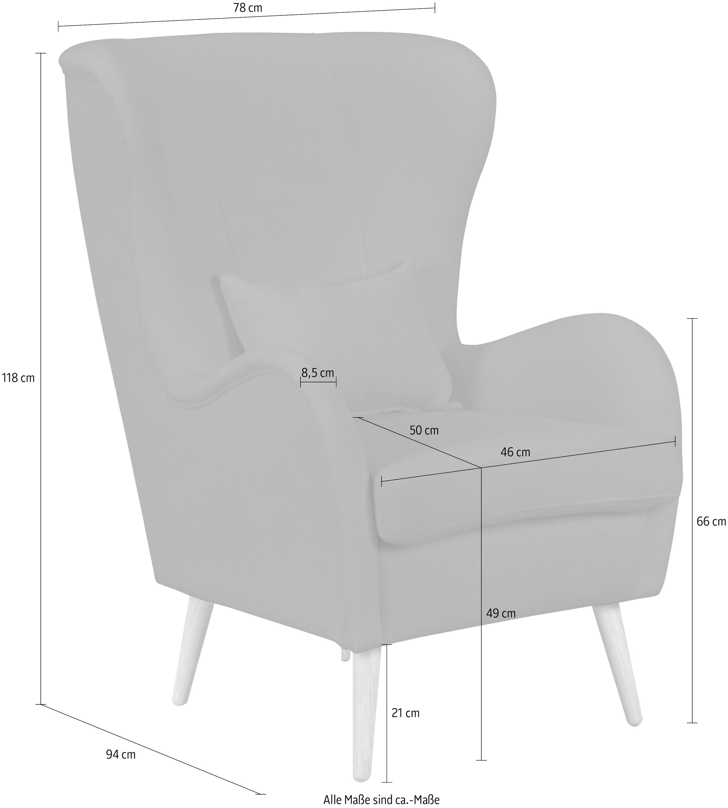 Guido Maria Kretschmer Home&Living Sessel »Salla auch in Fellimitat und Feincord, viele Bezugsarten, Ohrensessel«, wahlweise mit oder ohne Hocker; grosser Sessel: Masse B/T/H: 78/94/118cm