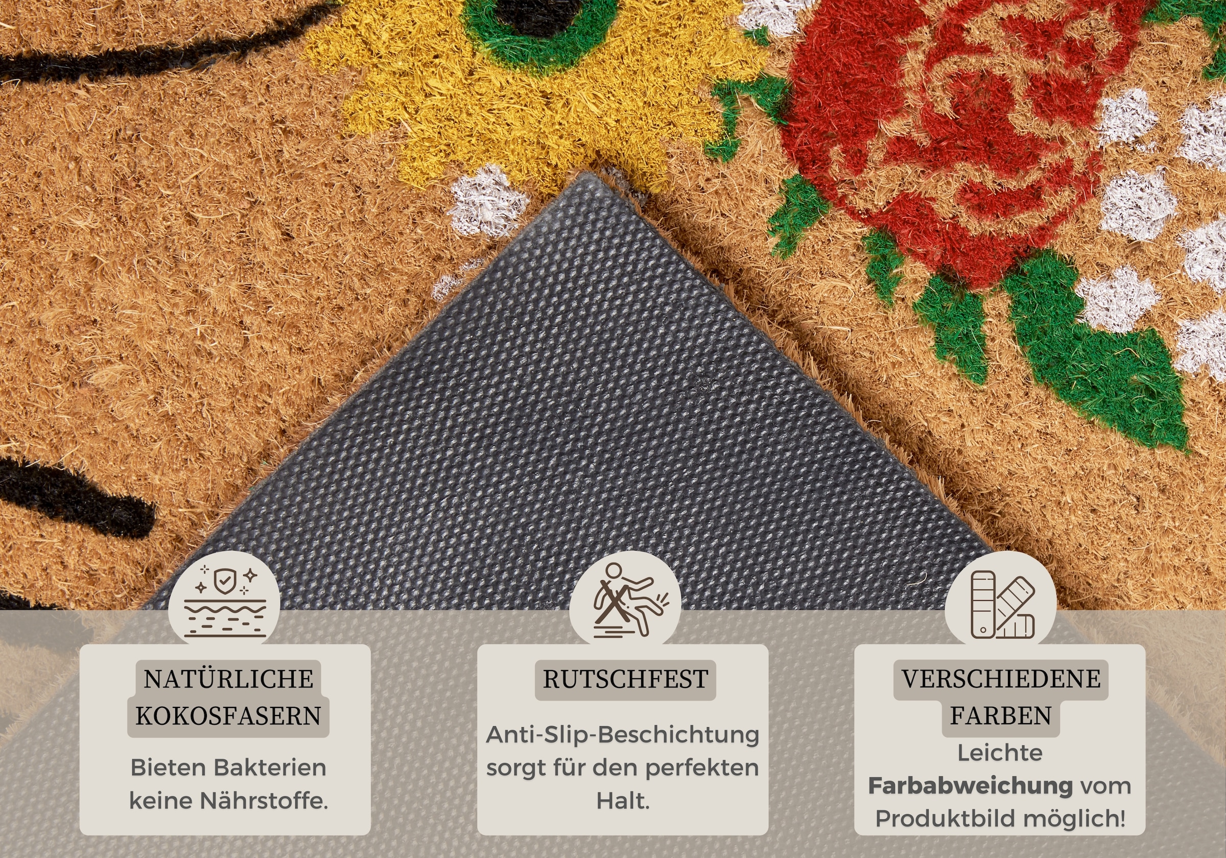 HANSE Home Fussmatte »Welcome & Flowers, Türmatte«, rechteckig, 15 mm Höhe, Kokos, Schmutzfangmatte, Outdoor, Rutschfest, Innen, Kokosmatte, Flur