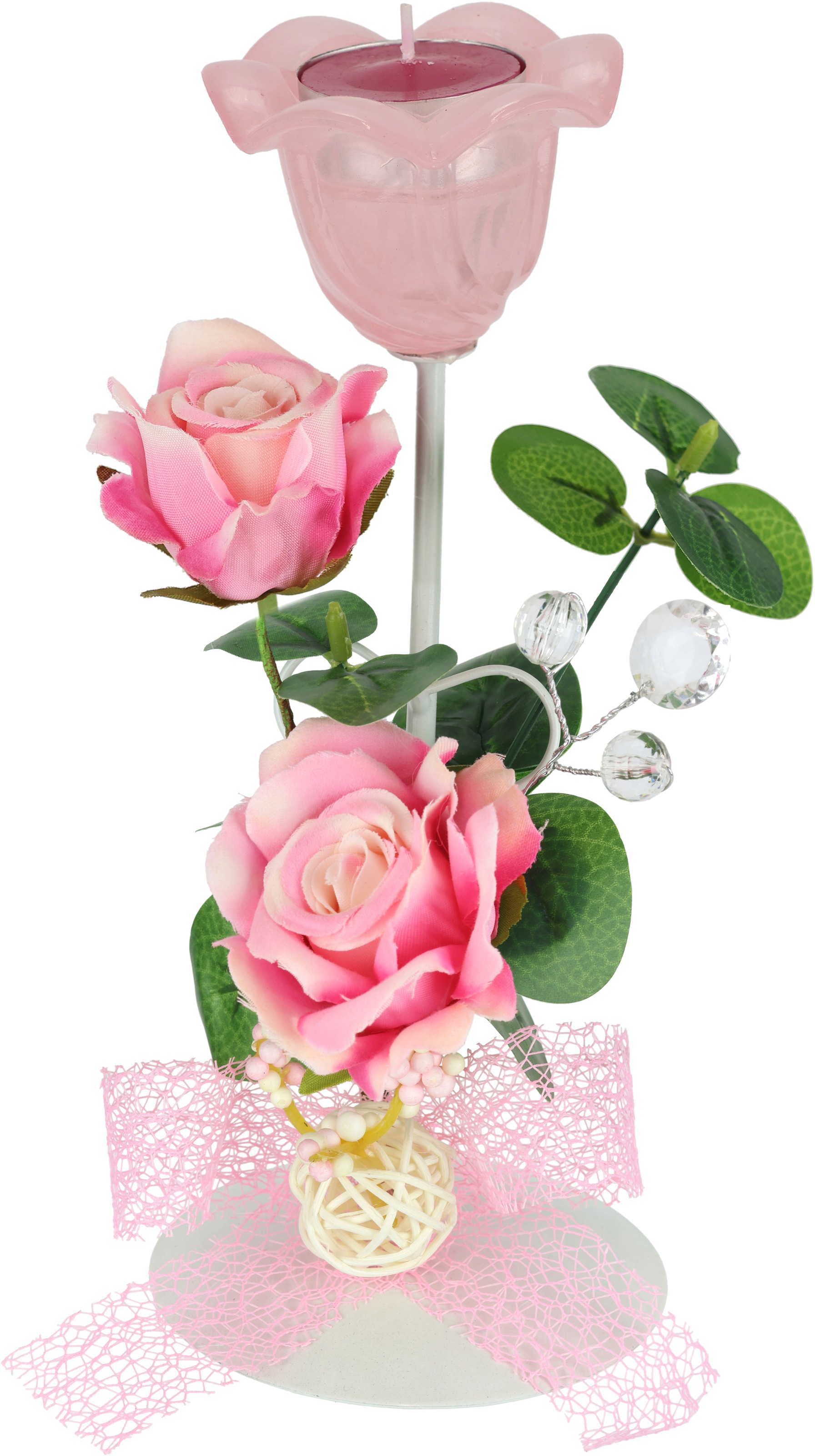 I.GE.A. Teelichthalter "Teelichthalter Rosen" Aus Metall mit Glas, Teelicht-Kerze, Rosen, Eukalyptus, Kerzenhalter