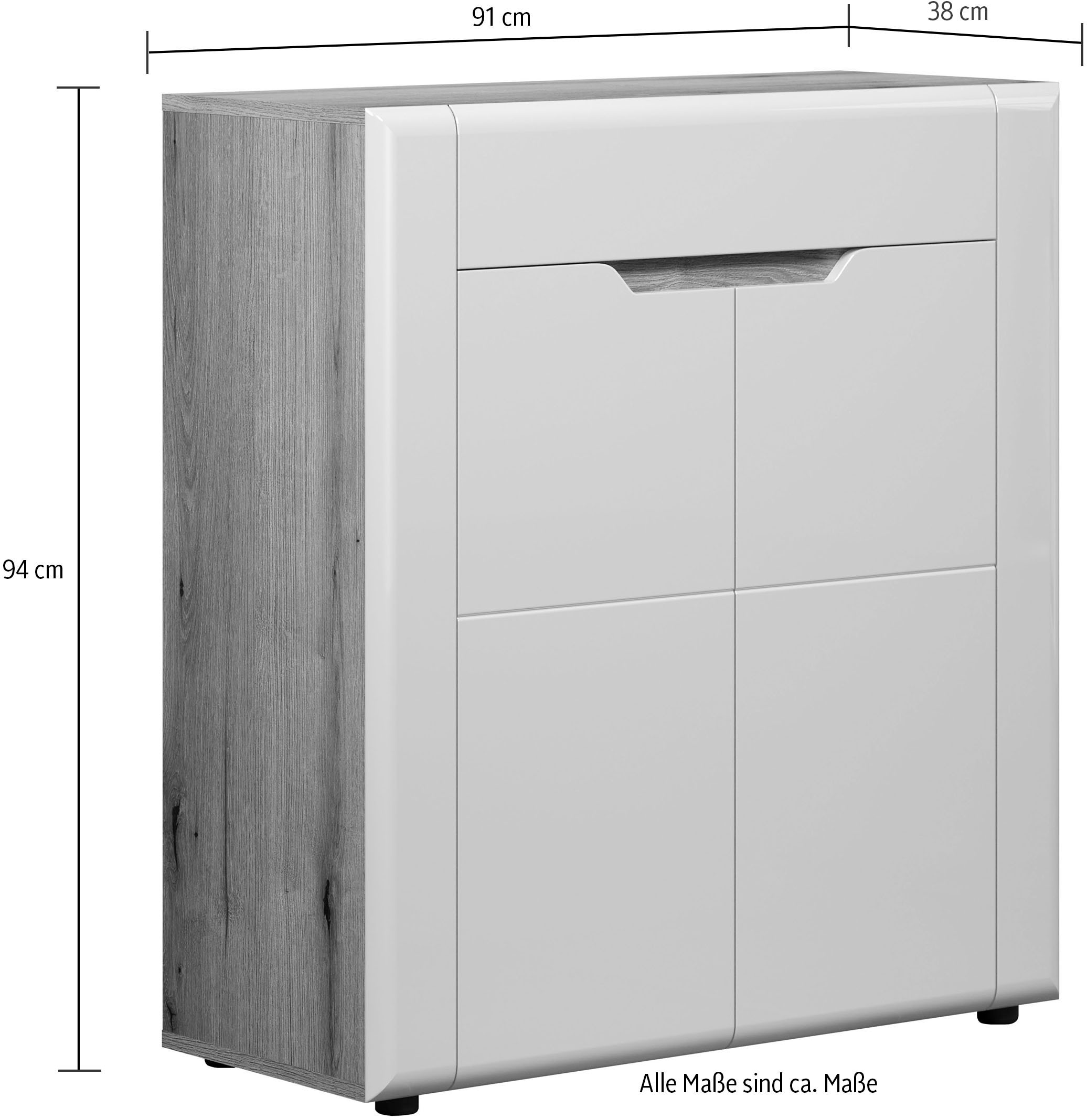 INOSIGN Kommode »Graz«, (Packung, 1 St.), Masse (B/H/T in cm): (91/94/38) - Farbe Weiss Hochglanz und Eiche