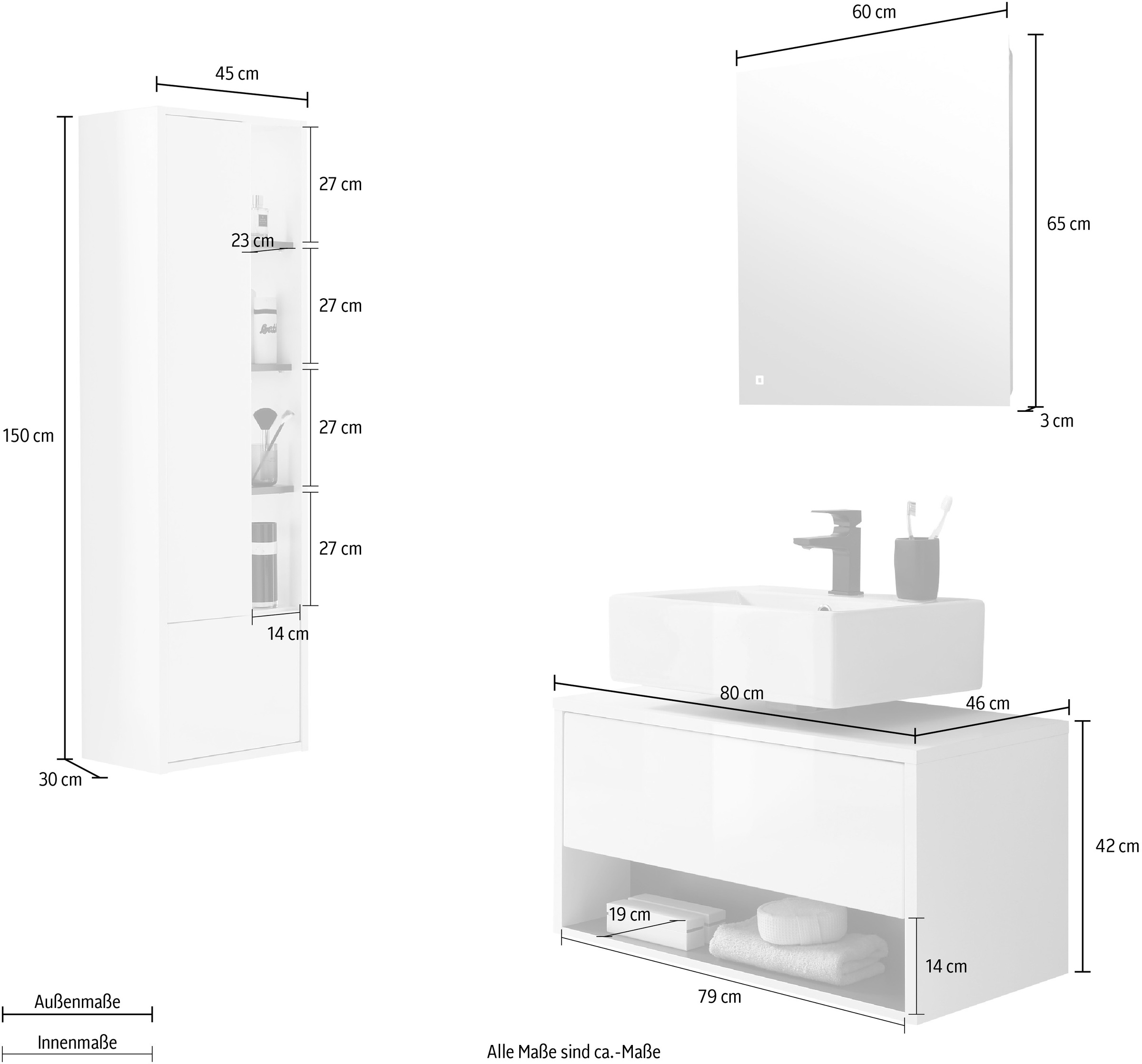 Places of Style Badmöbel-Set »Studio Line, Bad im modernen Design, 3-teiliges Badezimmer«, (3 St.), Schrank, Unterschrank und Spiegel, in zwei Farben verfügbar, Stauraum