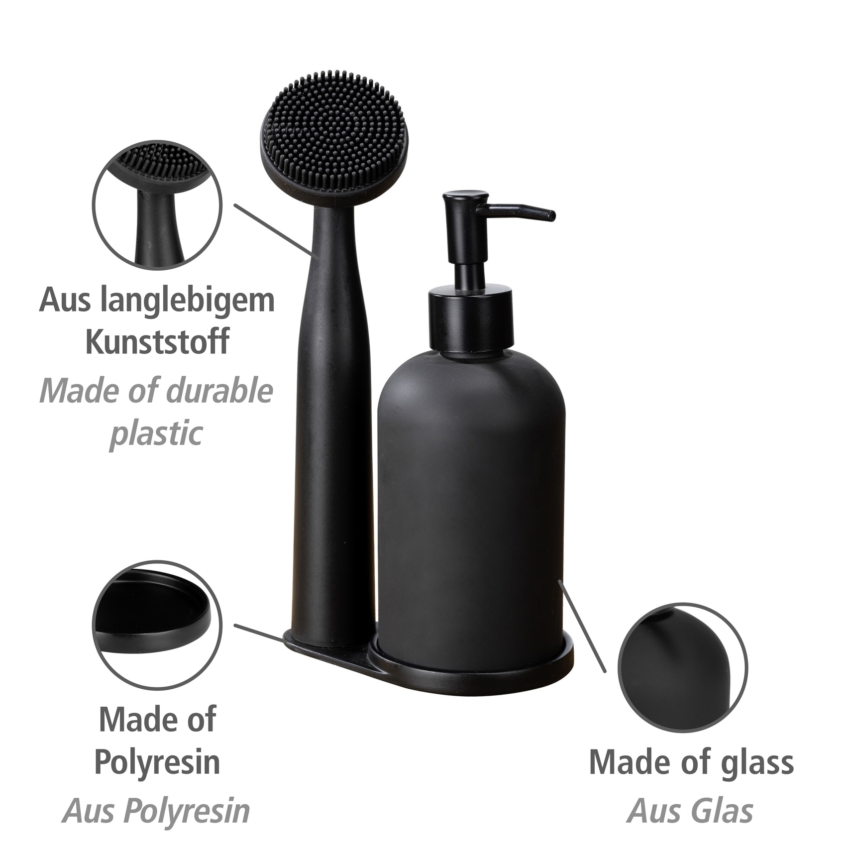 WENKO Spülmittelspender »Modell Piedo«, (Set, 3 tlg.), Spül-Set, inkl. Spülbürste mit Halterung, Glas/Polyresin
