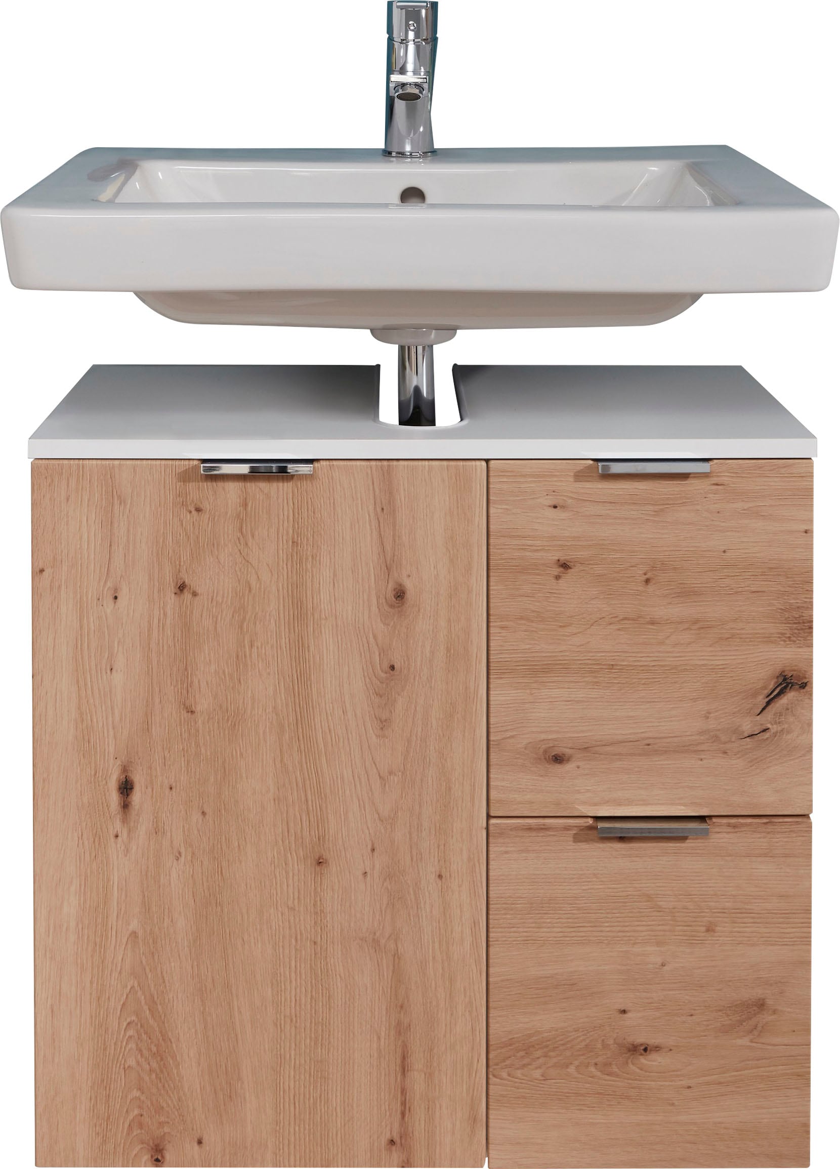 trendteam Waschbeckenunterschrank »Concept One«, Waschtisch mit 2 Fächern und 2 Schubladen in Weiss/Echtholzoptik