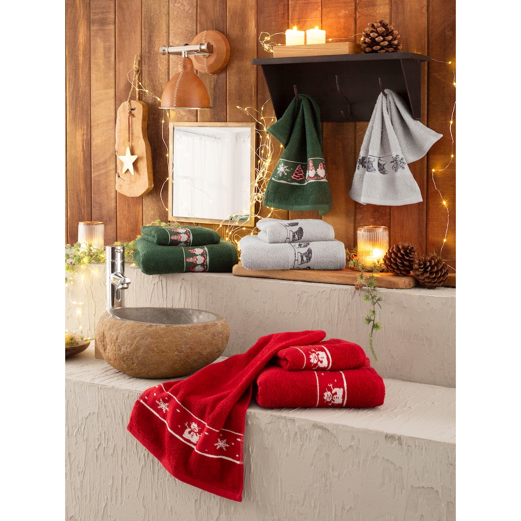my home Handtuch Set »Weihnachten, Handtuch und Gästetücher«, (Set, 3 St., 1 Handtuch (50x100 cm)-2 Gästetücher (30x50 cm), mit Sternen & Bordüre, weihnachtliches Handtuchset, 100% Baumwolle