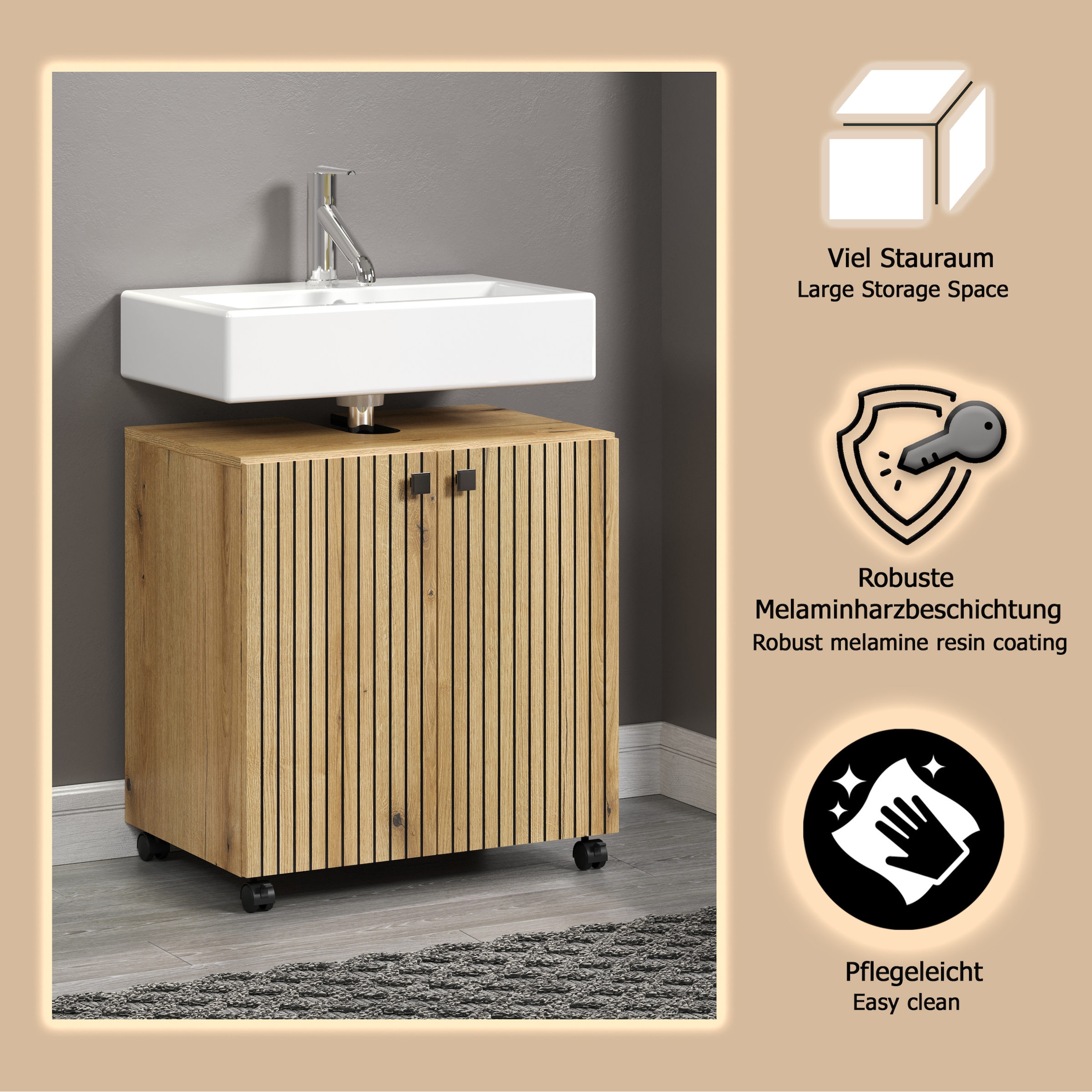 welltime Waschbeckenunterschrank »Amrum«, Waschtisch auf Rollen - (B/T/H) wahlweise 60-80/42/64 cm