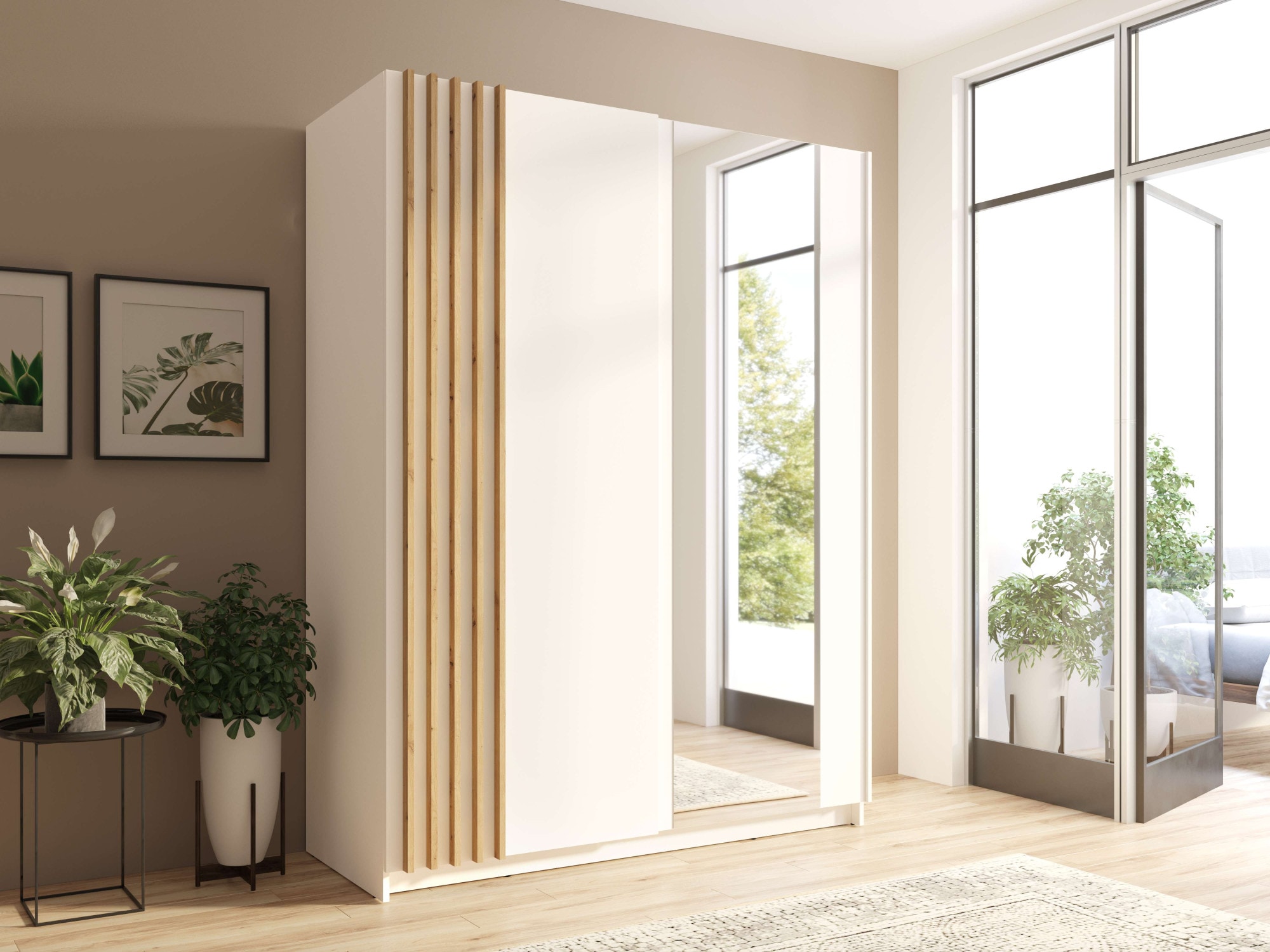 Home affaire Kleiderschrank »Kleiderschrank Charisy mit Spiegel, 4 Einlegeböden und Kleiderstange«, Garderobe mit 2 Schwebetüren und Lamellen, B/H/T 150/198,5/62 cm