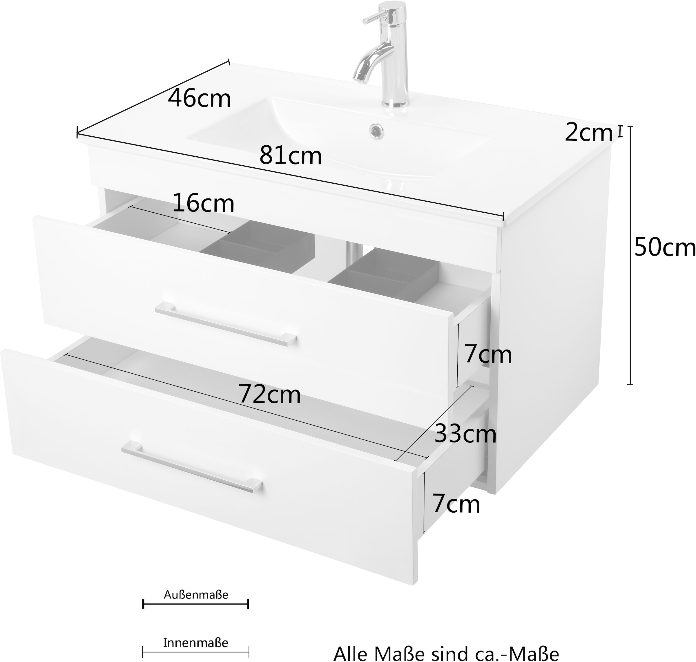 welltime Waschtisch »Florenz Badmöbel Badschrank mit Waschbecken«, Waschplatz mit 2 Auszügen und Softclose Breite 80cm