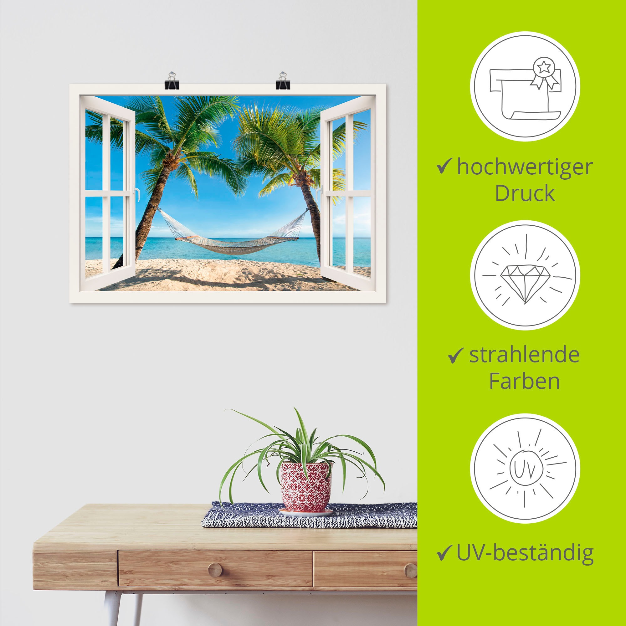 Artland Wandbild »Fensterblick Palmenstrand Karibik«, Amerika, (1 St.), als Alubild, Outdoorbild, Leinwandbild, Poster, Wandaufkleber