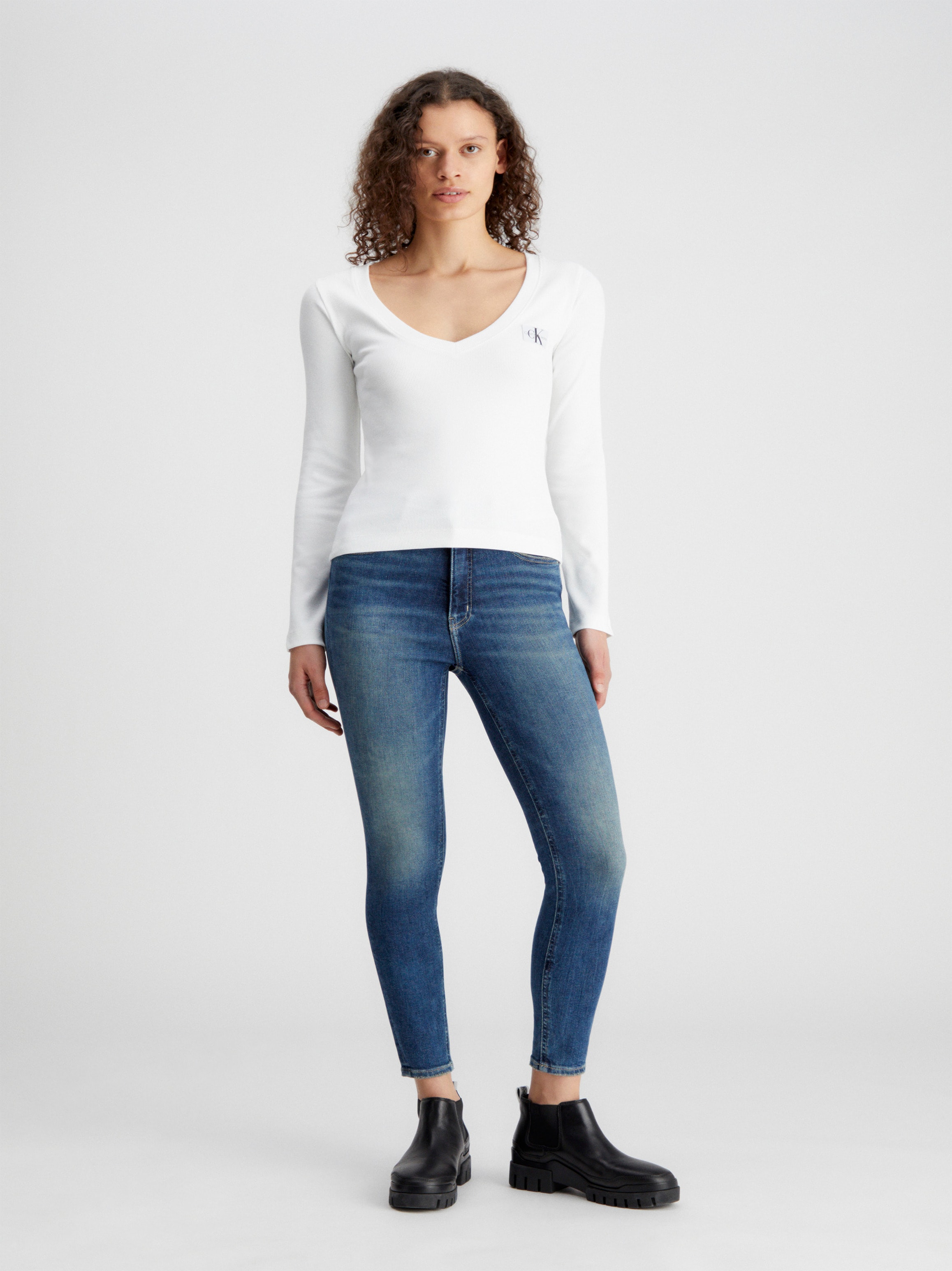 online shoppen Jelmoli-Versand SLEEVE« Jeans V-NECK Langarmshirt Calvin LABEL »WOVEN Schweiz Klein bei LONG