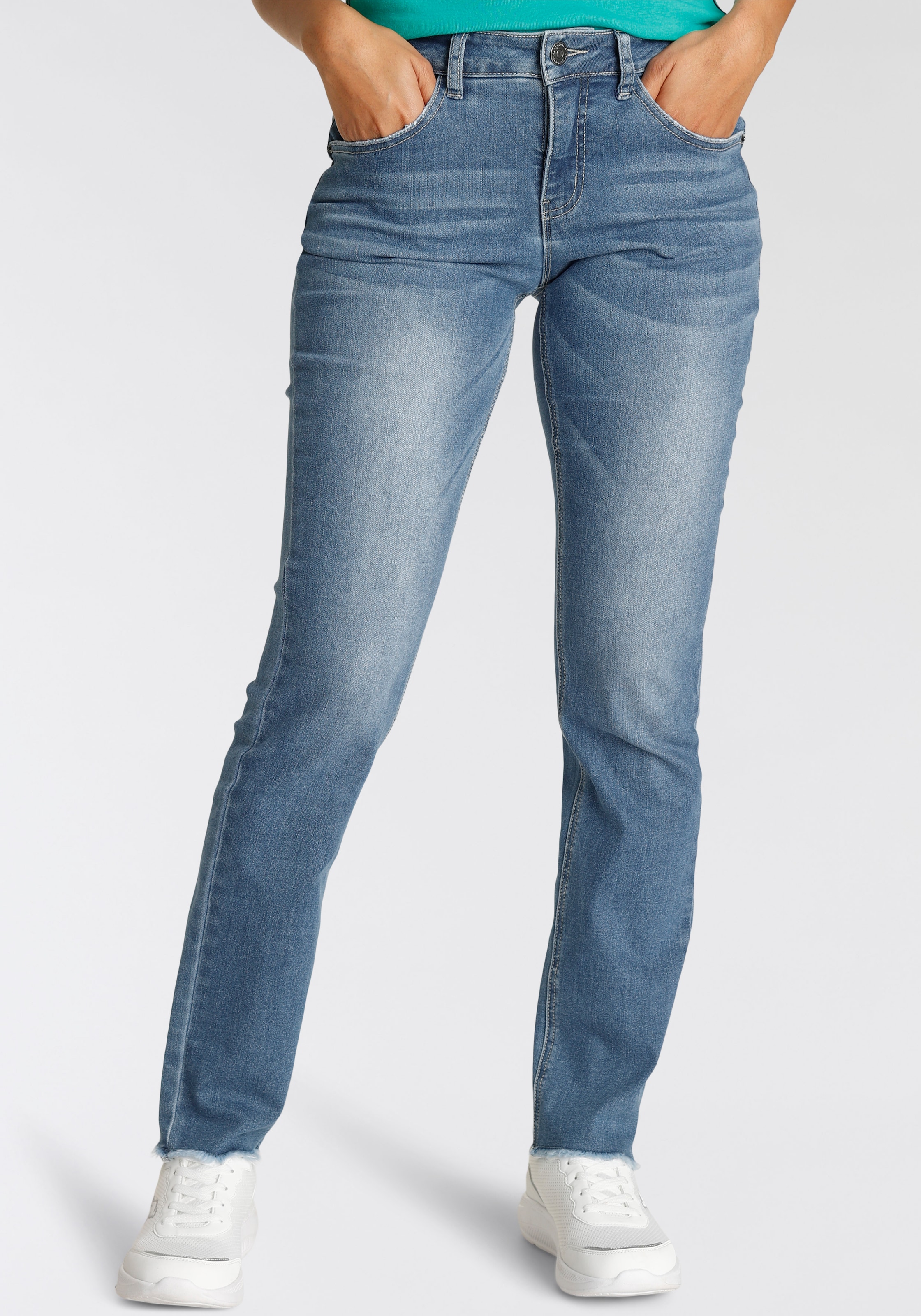KangaROOS Regular-fit-Jeans »STRAIGHT-FIT MID RISE«, shoppen - NEUE Jelmoli-Versand Schweiz KOLLEKTION Saum offenem Mit bei online