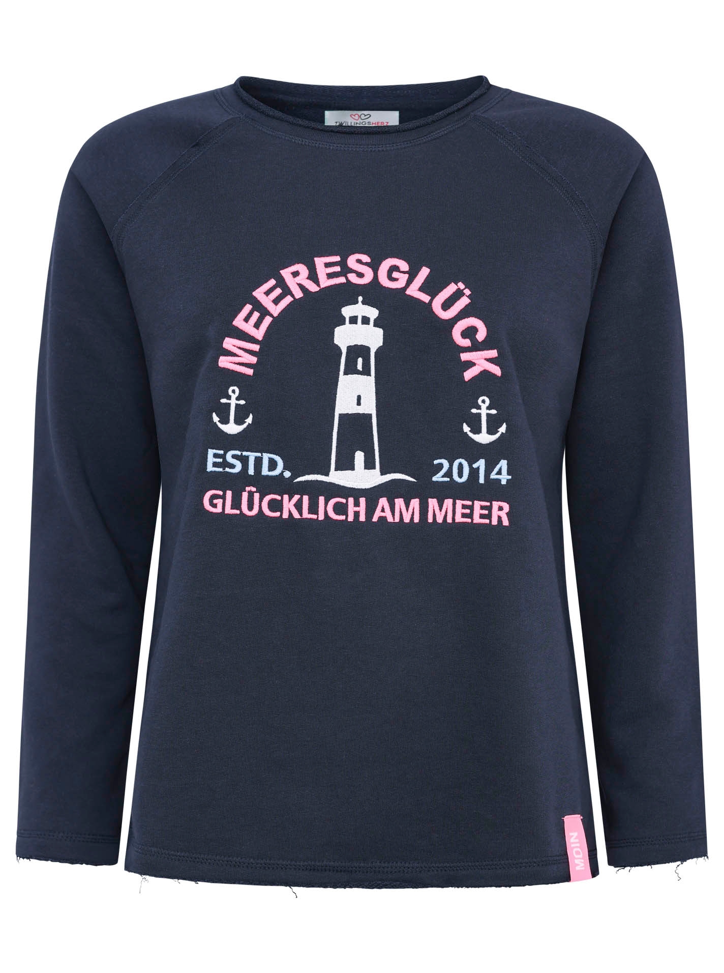 Zwillingsherz Sweatshirt »"Glücklich am Meer"«, mit Used-Look Kanten, Leuchtturm gestickt