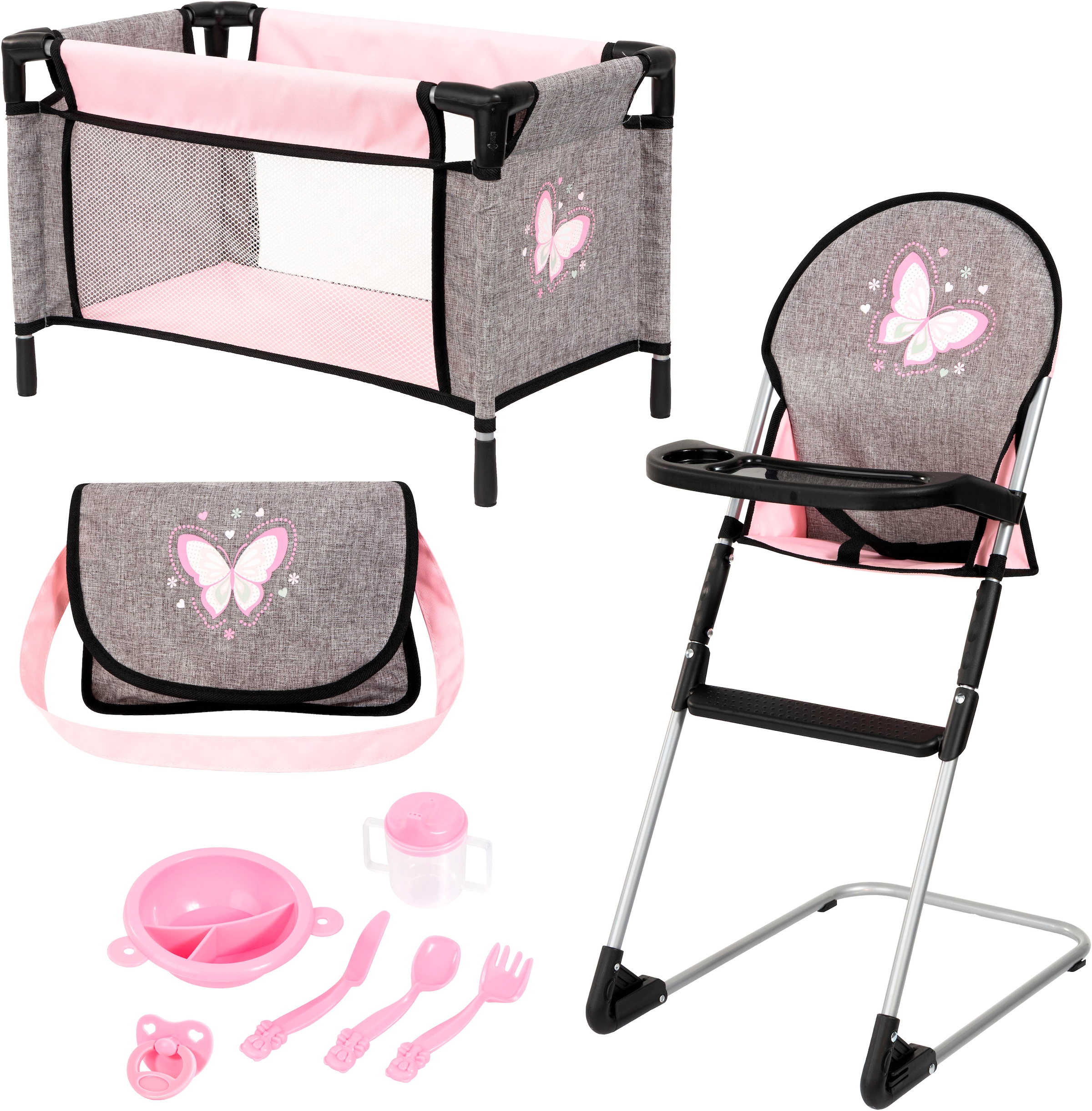 Bayer Puppenbett "Puppen-Reisebett-Set" inklusive Hochstuhl, Tasche, Teller, Trinkbecher, Besteck u. Schnuller