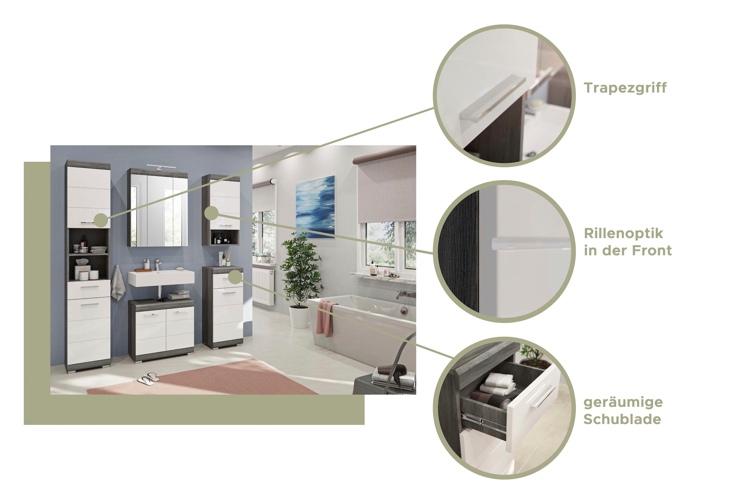 INOSIGN Badmöbel-Set »Siena, 5 teilig, bestehend aus:«, (Set, 5 St.), Hochschrank, WBU, Spiegelschrank, Unterschrank, Hängeschrank