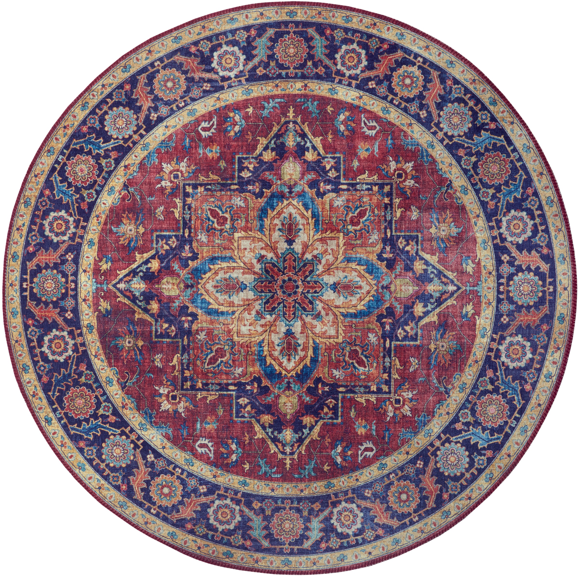 THE RUGS Oriental Anthea Rug - Vintage Medallion Polyester Flatweave 0.5cm in Red | Size: 160cm diameter