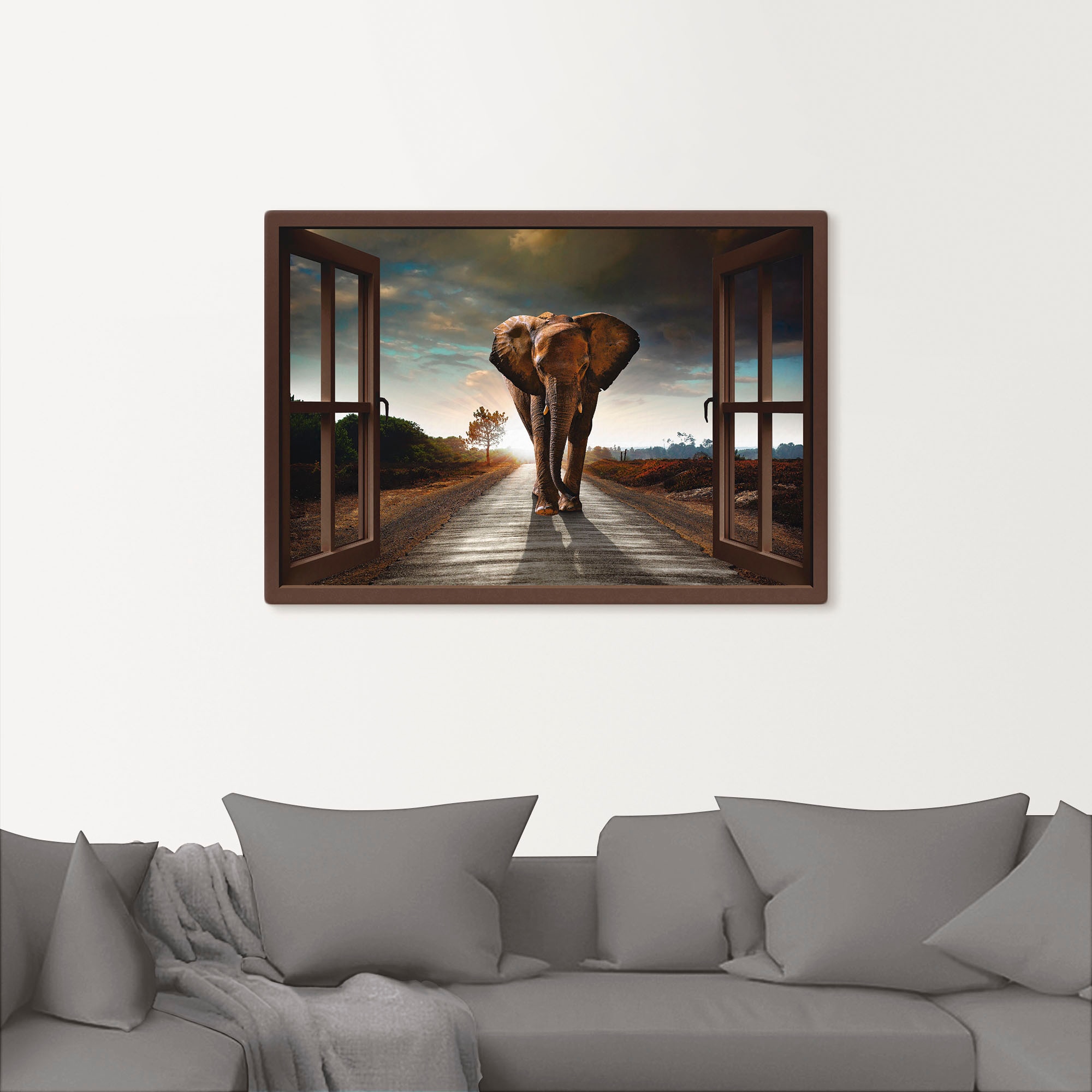 Artland Leinwandbild »Elefant auf Strasse - braunes Fenster«, Fensterblick, (1 St.), auf Keilrahmen gespannt