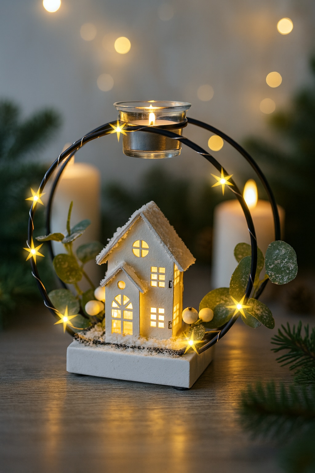 I.GE.A. Kunstkranz »Teelichthalter Deko-Kranz«, Mit LED Licht Teelichtkerze Eukalyptus Haus Lichterkette