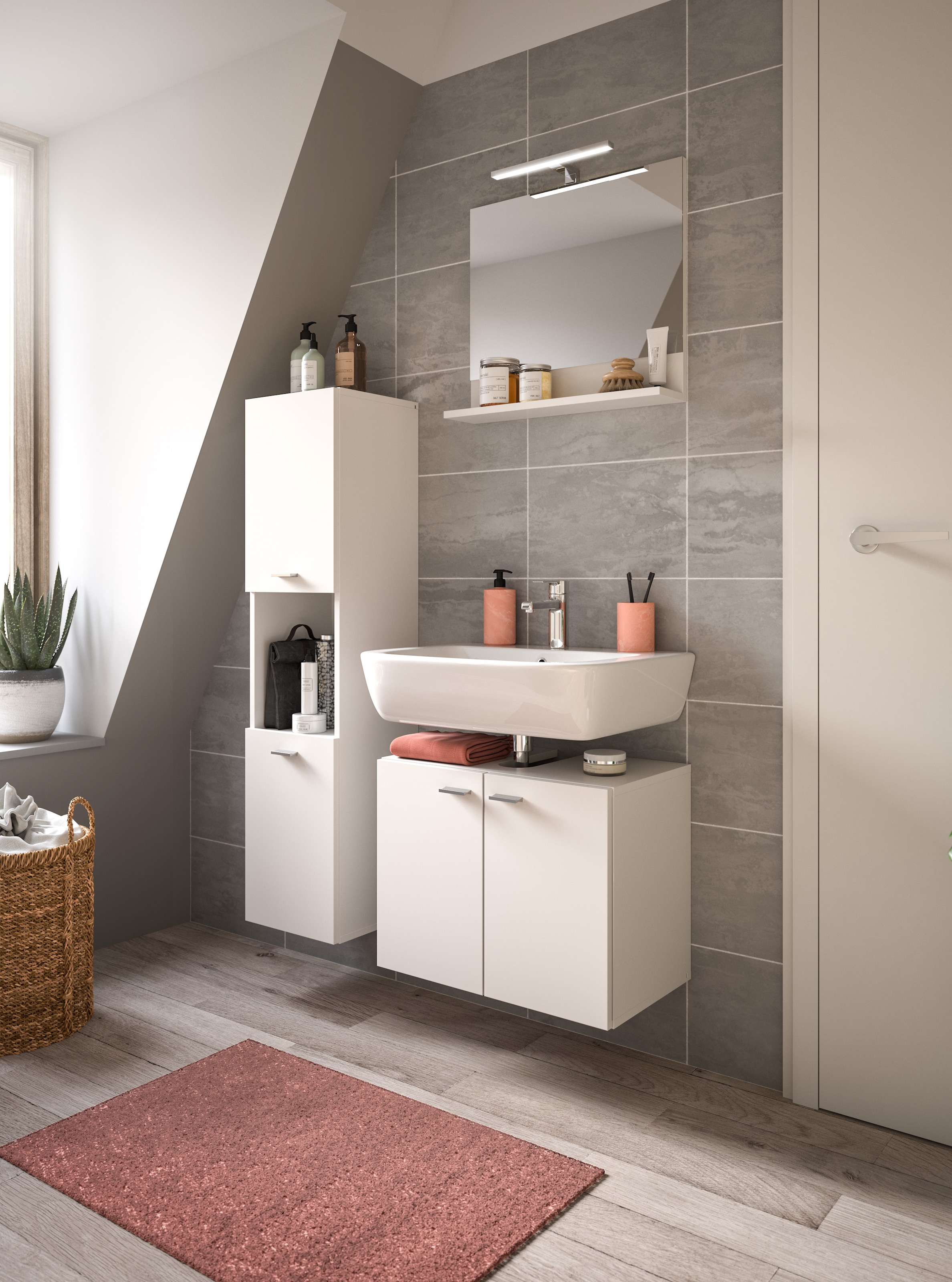 welltime Badmöbel-Set »Tampa, Breite 102cm, 3-teilig«, (3 St.), Waschbeckenunterschrank, Spiegel, Hochschrank