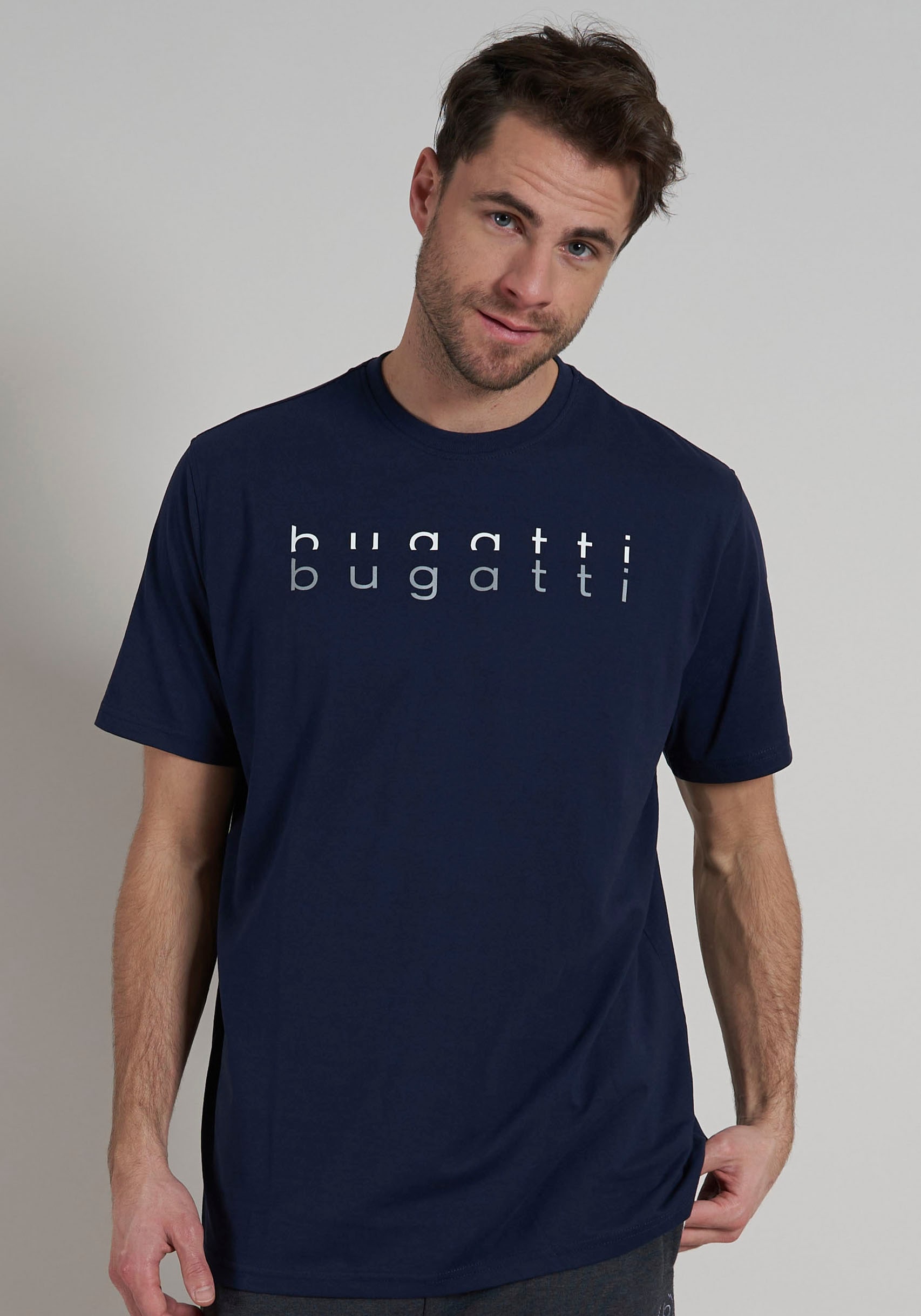 bugatti T-Shirt »Palermo«, Kurzarm, Rundhalsausschnitt, bugatti-Schriftzug vorn