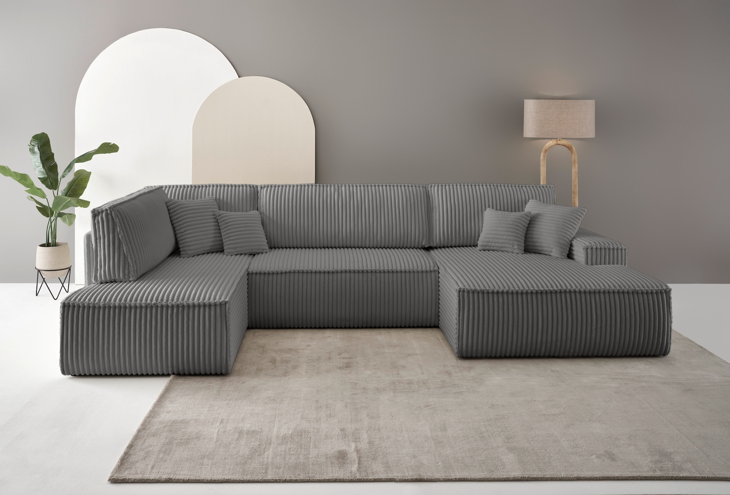 andas Wohnlandschaft »FINNLEY U-Form XXL 329 cm, Schlafsofa, Schlaffunktion m. Bettkasten«, (194/139 cm), Bouclé, Struktur und Cord