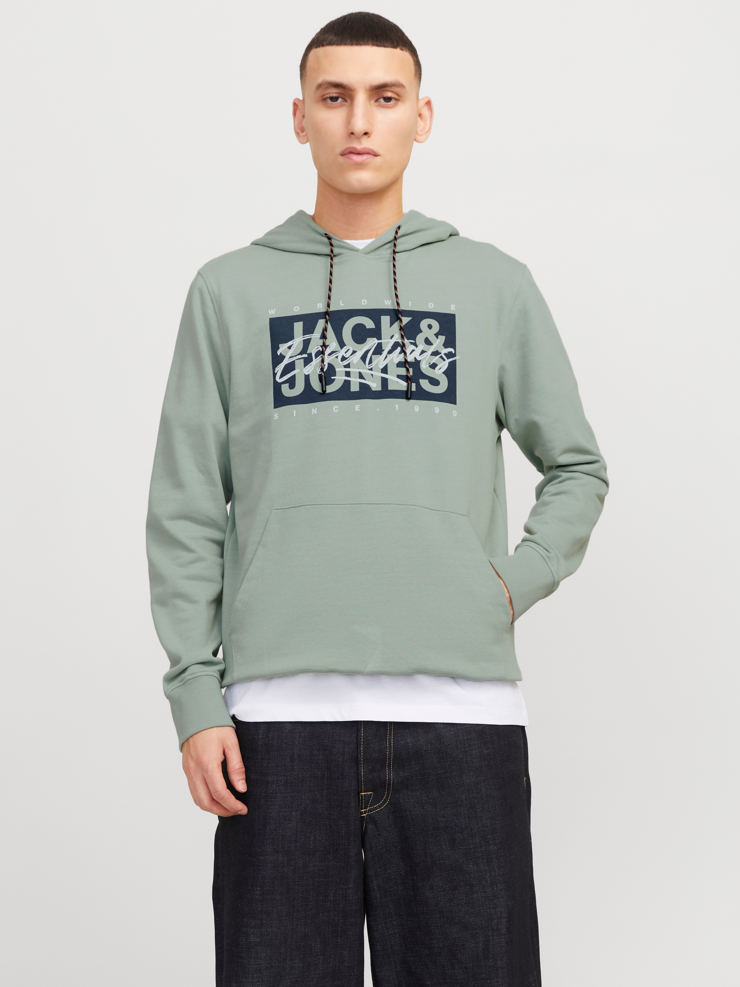 Jack & Jones Kapuzensweatshirt »JJCOLTON – Sweater mit Print, Regular Fit und Materialmix«, bedruckt, modisch, regular fit, angeraute Sweatware, Kapuze