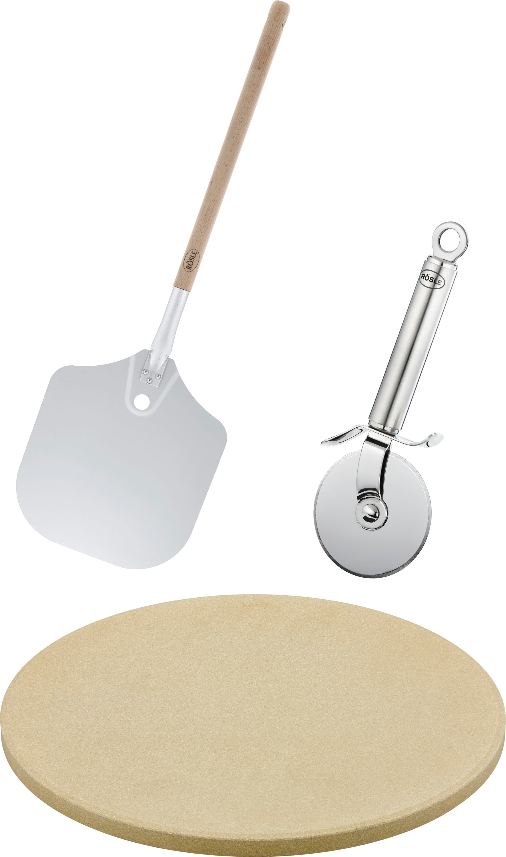 RÖSLE Pizzastein "Barbecue Pizza-Set" Schamottstein 3-tlg., inkl. Pizzaschieber und Pizza- und Flammkuchenschneider