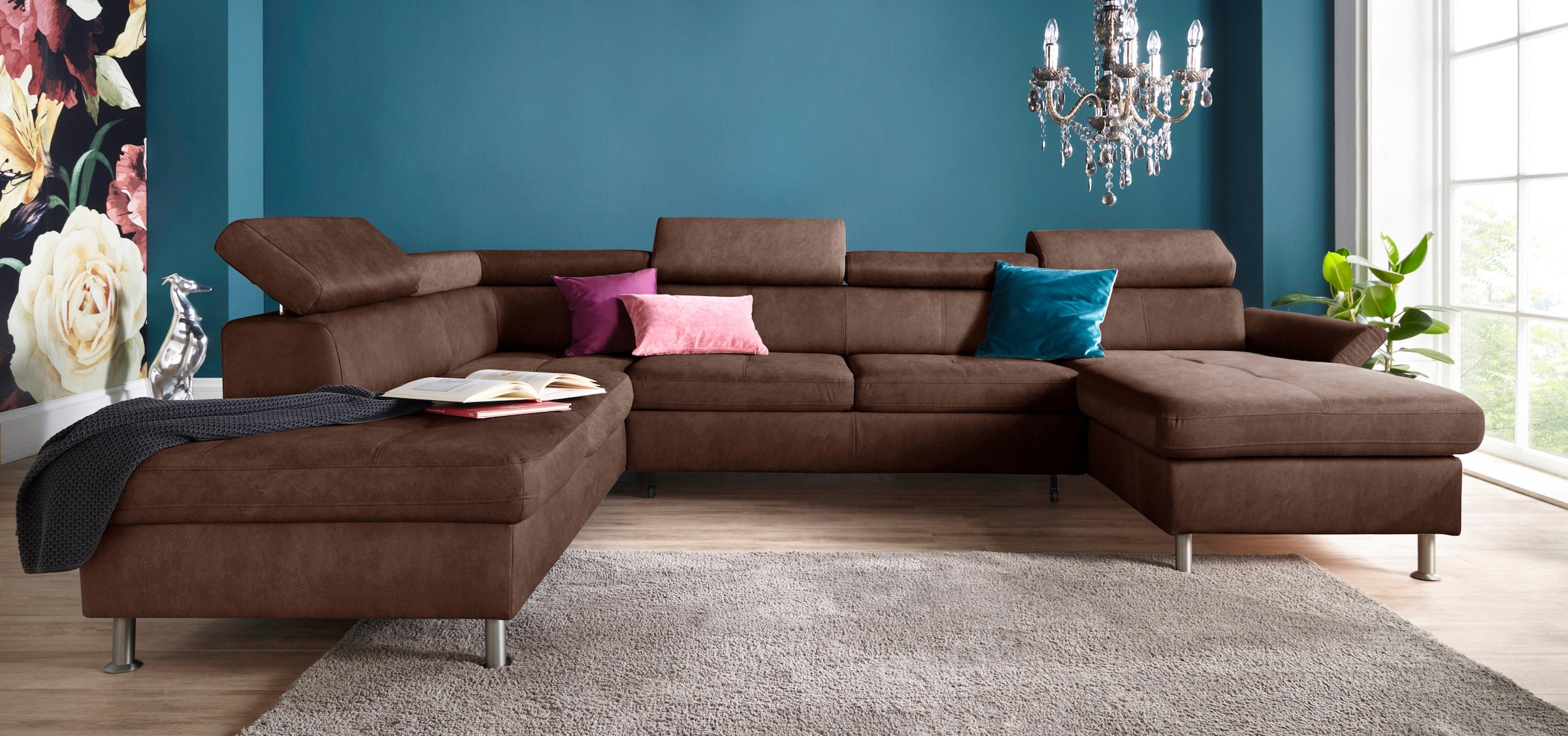 exxpo - sofa fashion Wohnlandschaft "Maretto, bequem und komfortabel, viel Platz, Breite 330cm, U-Form" inkl. Kopfteilverstellung für mehr Sitzkomfort, wahlweise Bettfunktion