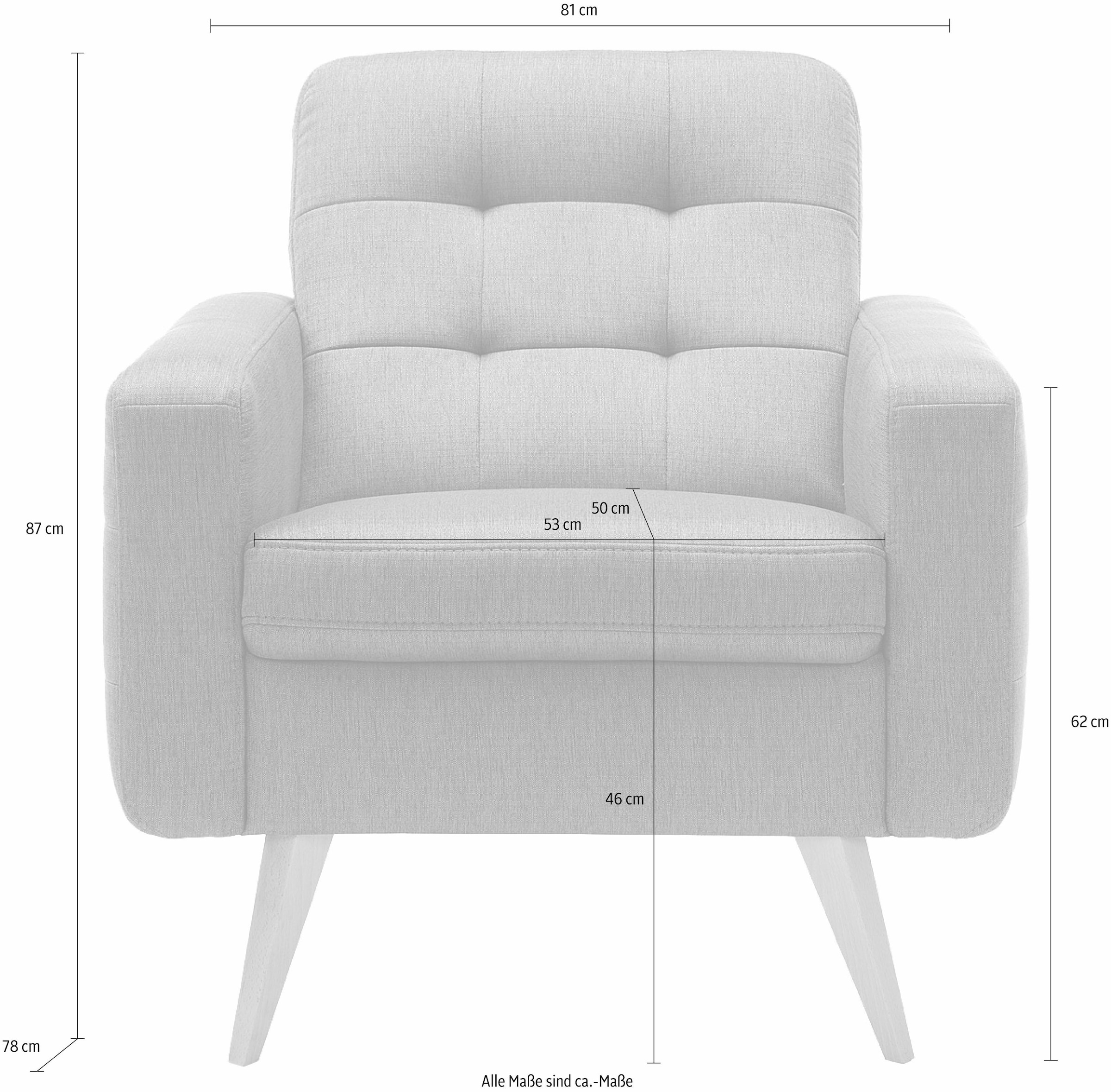 exxpo - sofa fashion Sessel »Nappa, Loungesessel mit aktueller Rückensteppung, bequem und modern«, hohe Holzfüsse