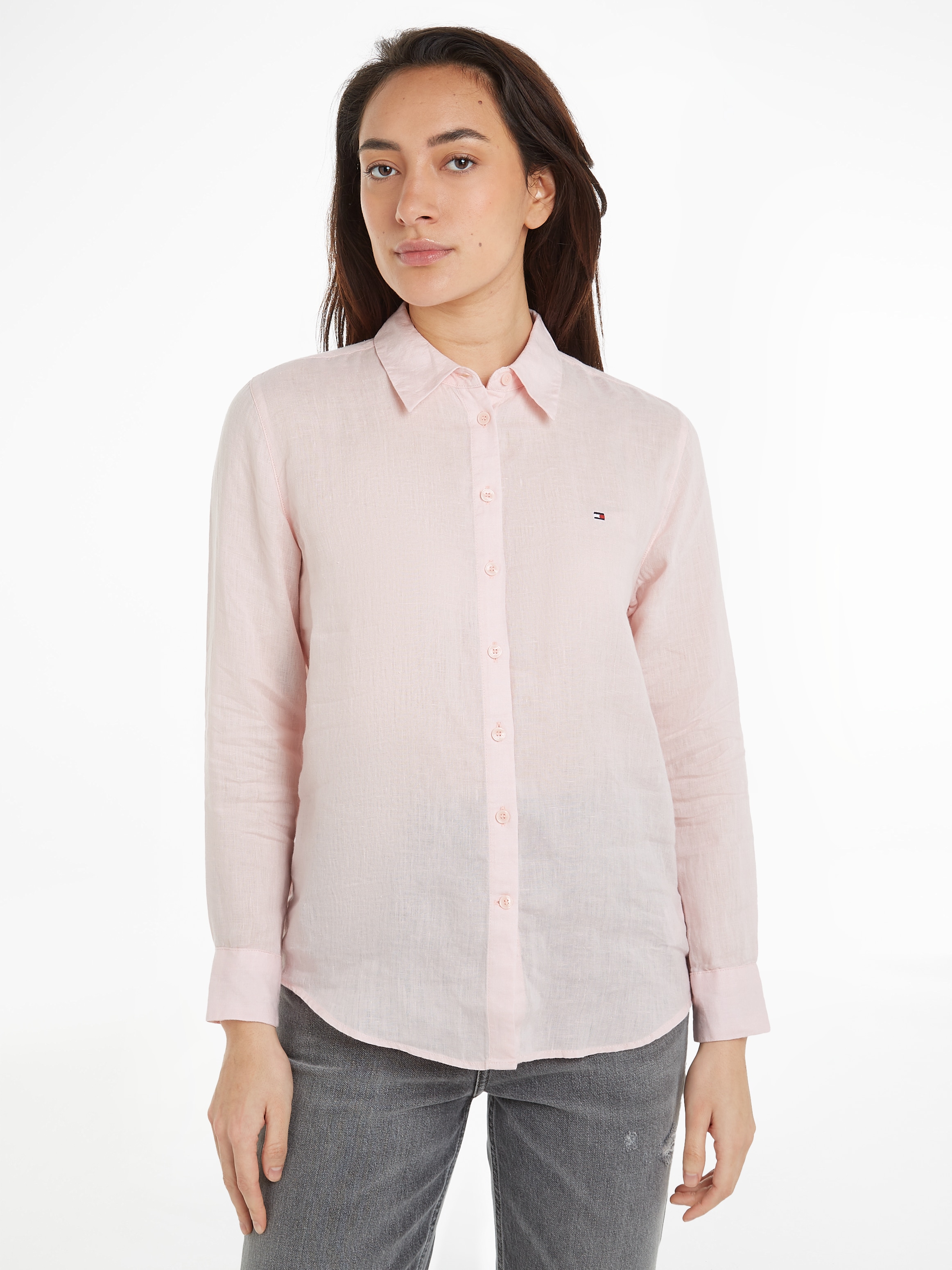 TOMMY HILFIGER Hemdbluse »LINEN RELAXED SHIRT LS«, mit Logostickerei auf der Brust