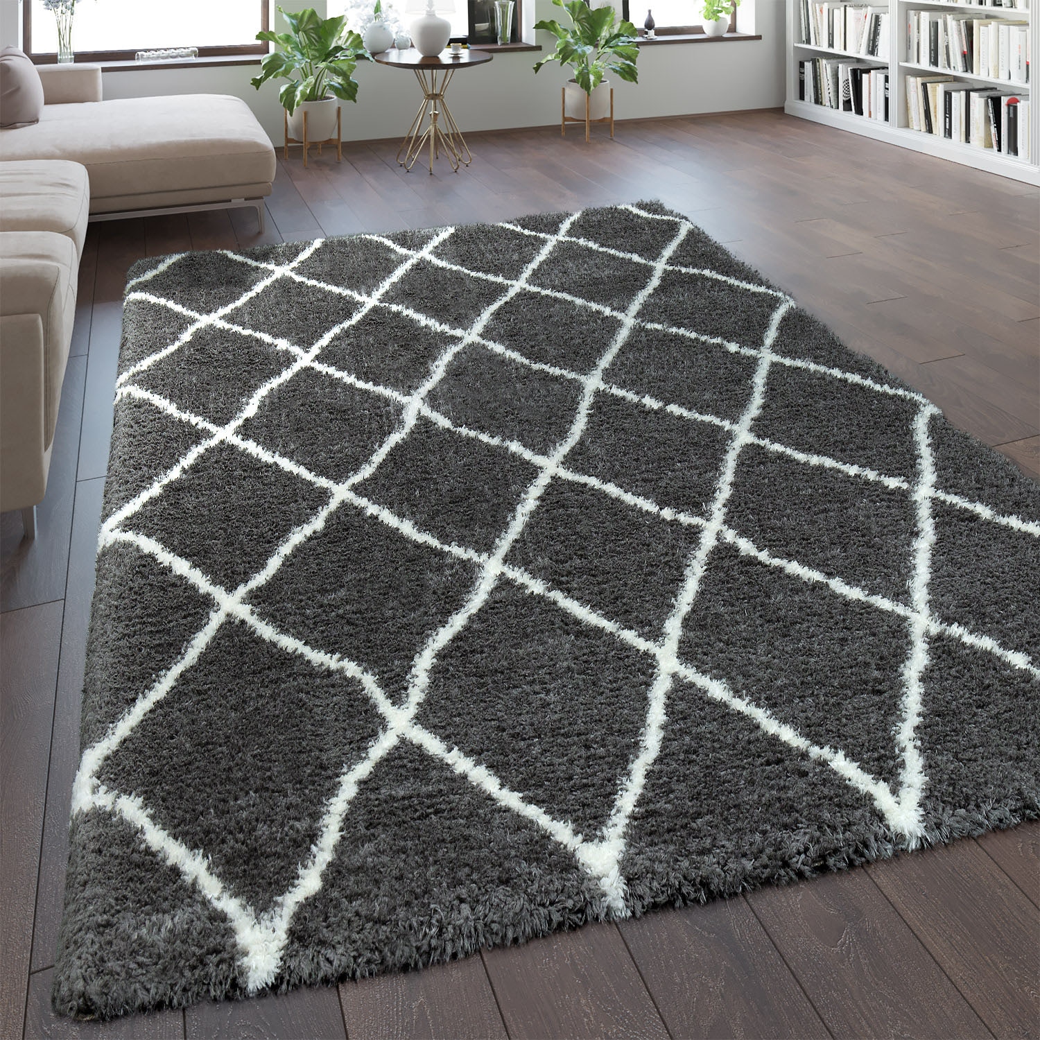 Paco Home Hochflor-Teppich »Maghreb 075«, rechteckig, 54 mm Höhe, Rauten Muster, Scandi Design, weich und flauschig