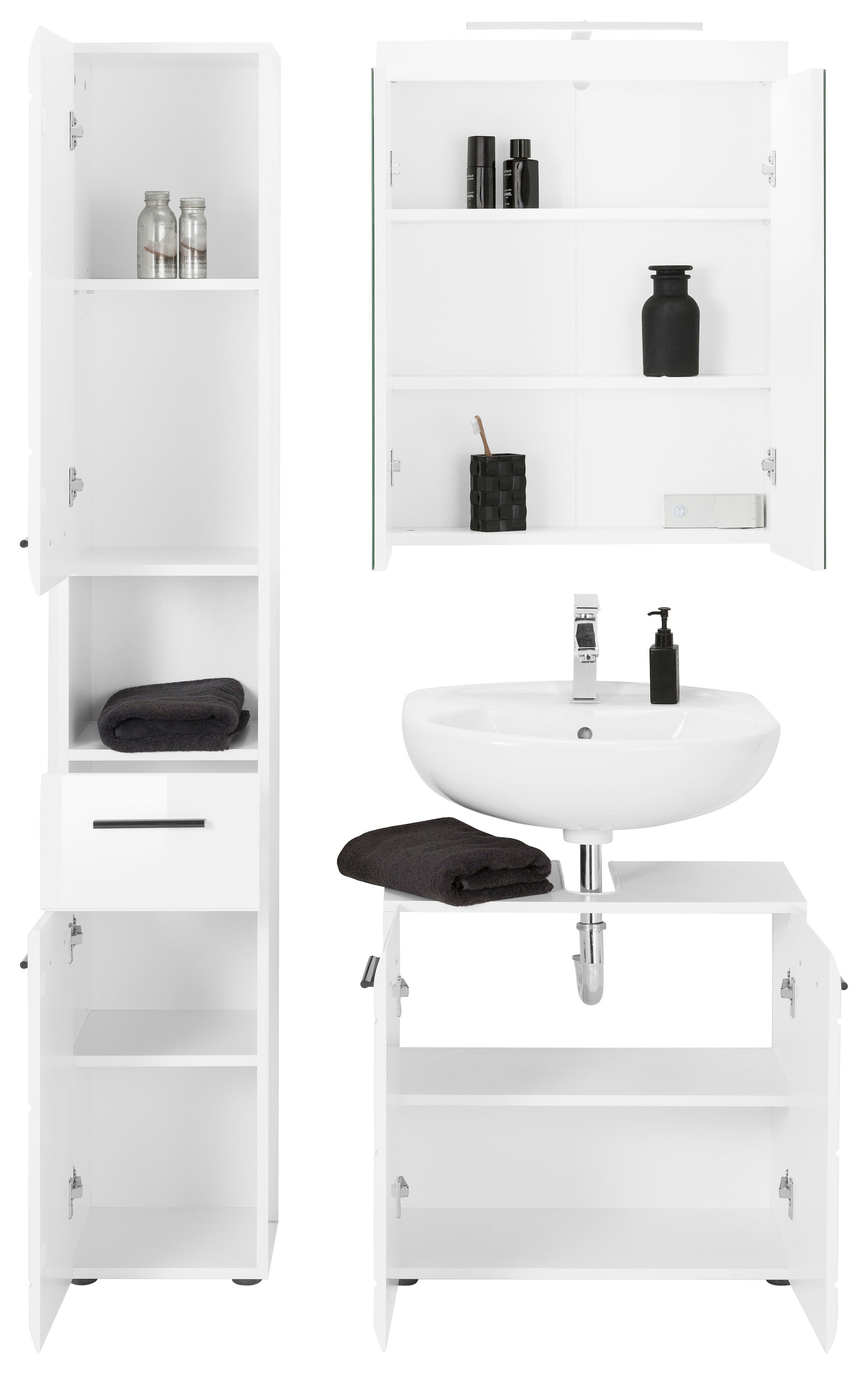 ❤ trendteam Badmöbel-Set »Skin«, (Set, 3 St.), Spiegelschrank mit  LED-Beleuchtung, Hochschrank und Waschbeckenschrank kaufen im  Jelmoli-Online Shop
