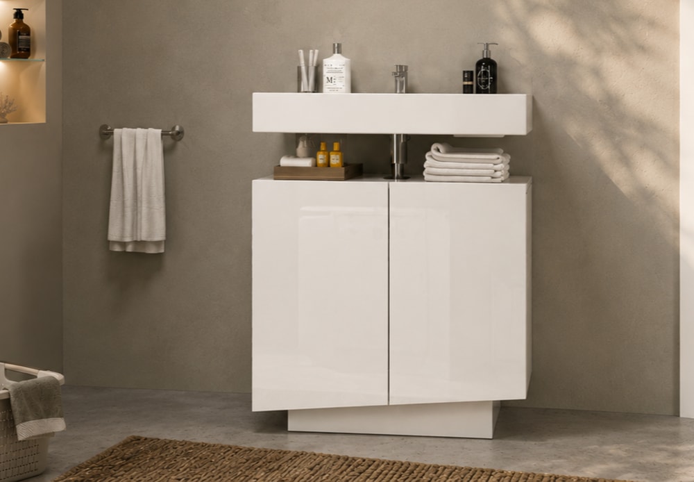 welltime Waschbeckenunterschrank "Vela,Breite 60cm, 2 Türen, 2 Fächer, mit Siphonausschnitt, lackiert" 1 Stk. tlg. Waschbeckenunterschrank,Waschtisch,Design mit schrägen Türen